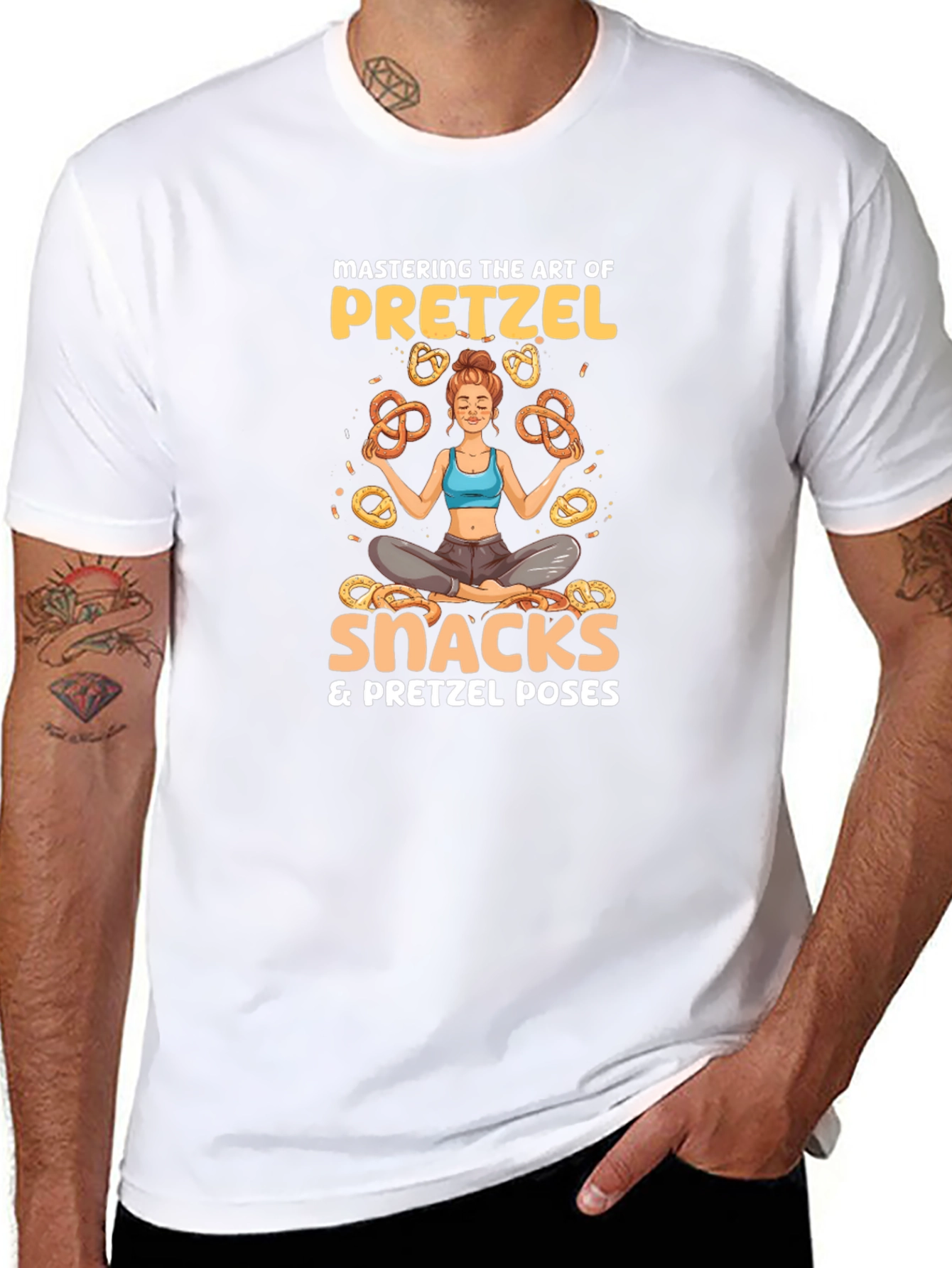 Camiseta Negra: Yoga & Snacks de Pretzels