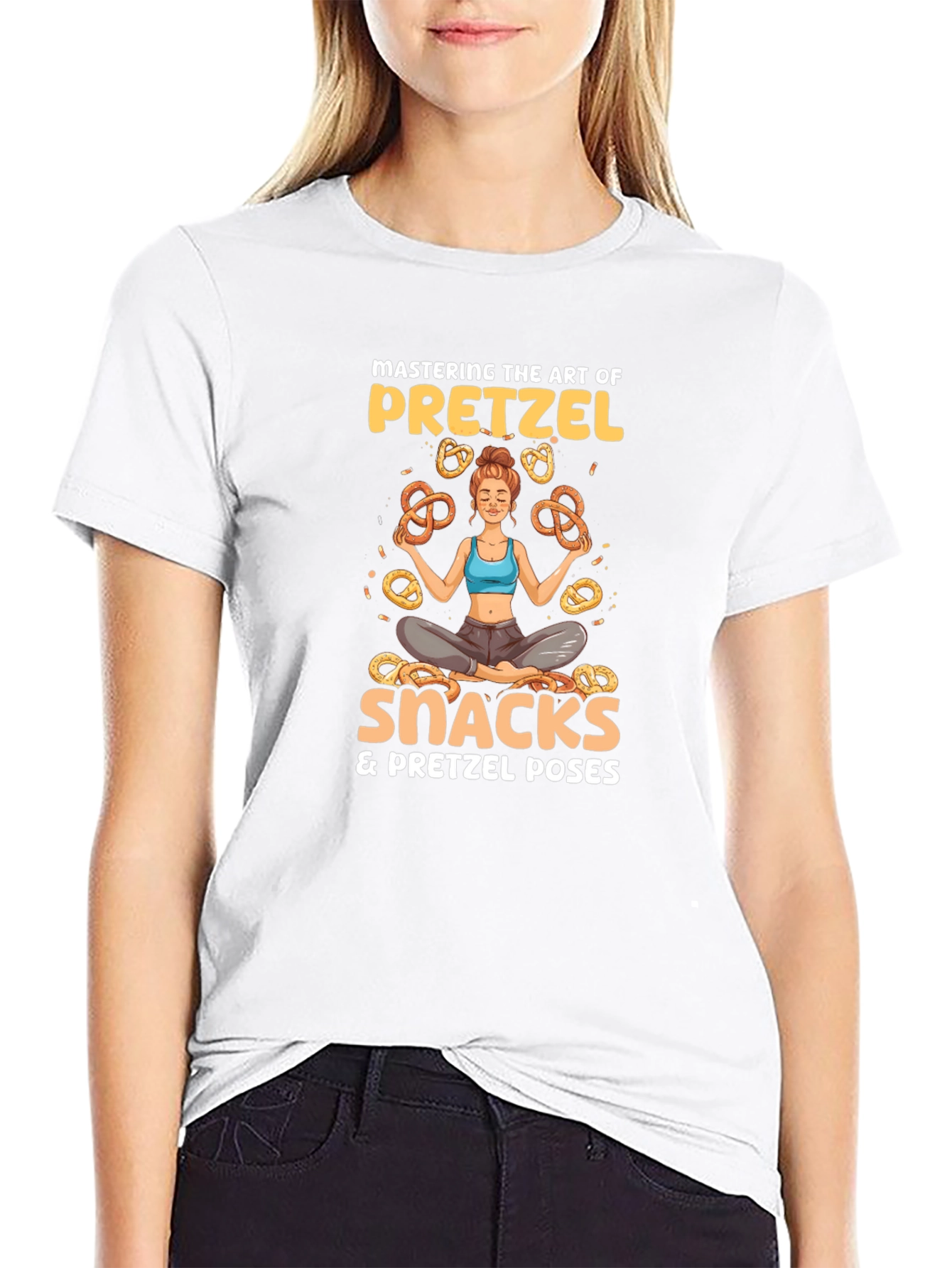 Camiseta Negra: Yoga & Snacks de Pretzels