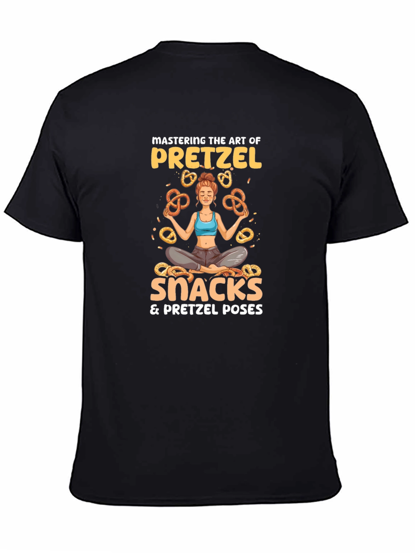 Camiseta Negra: Yoga & Snacks de Pretzels