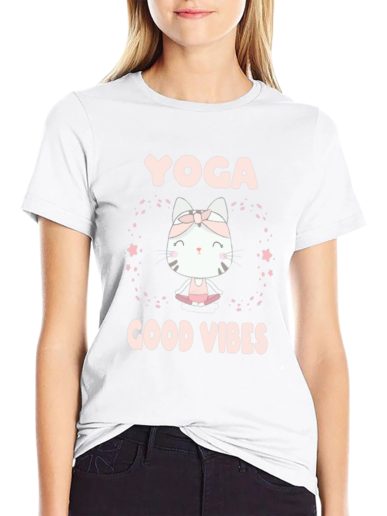 Camiseta Negra Yoga Gato Buenas Vibras
