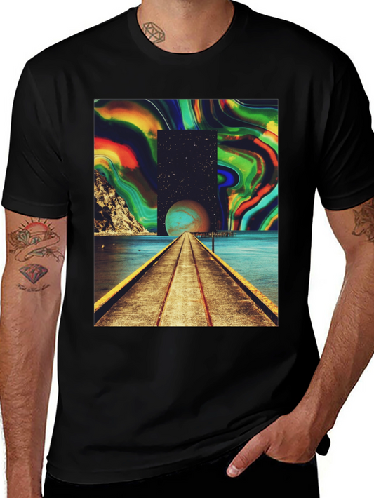 Camiseta Negra con Diseño Abstracto y Cósmico