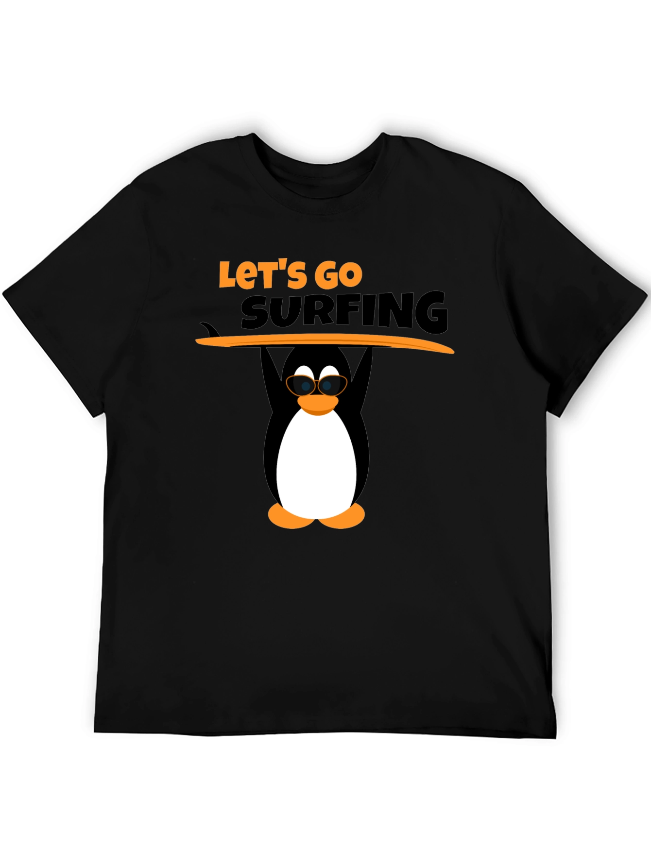 Camiseta Negra Surf Pingüino Divertido