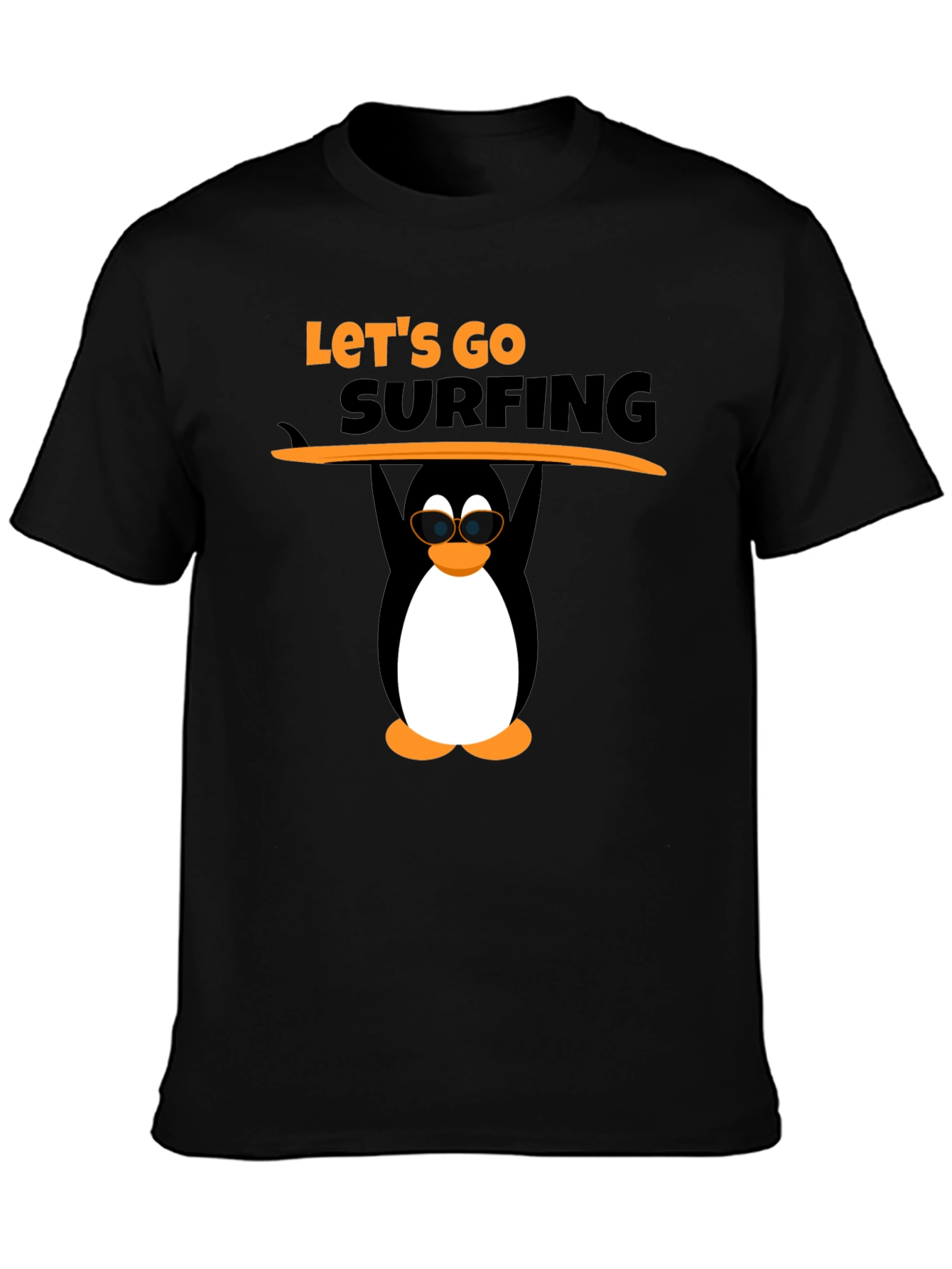 Camiseta Negra Surf Pingüino Divertido