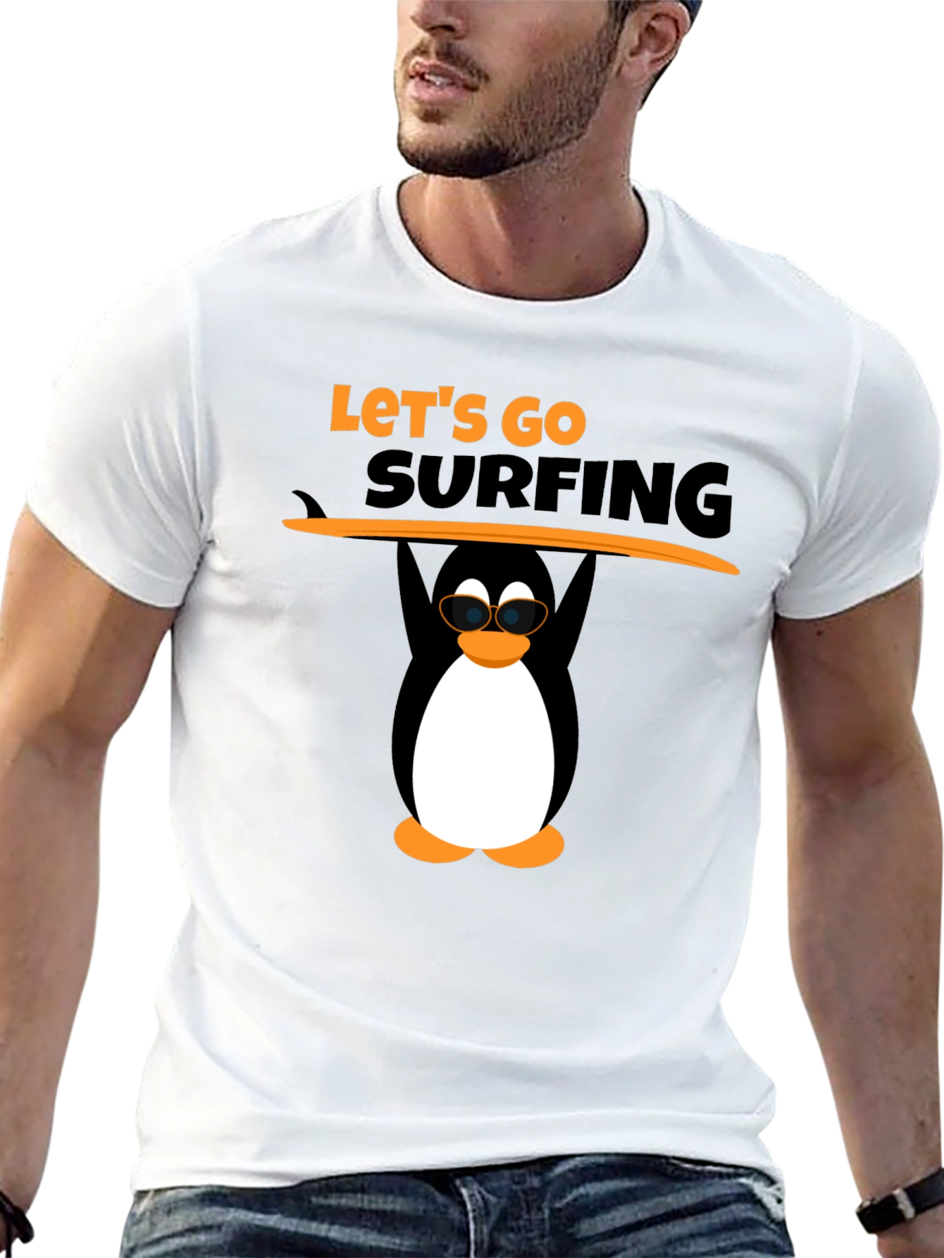 Camiseta Negra Surf Pingüino Divertido