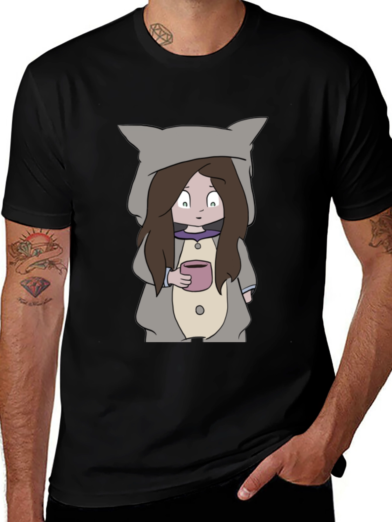 Camiseta Negra con Diseño Animado de Niña con Taza