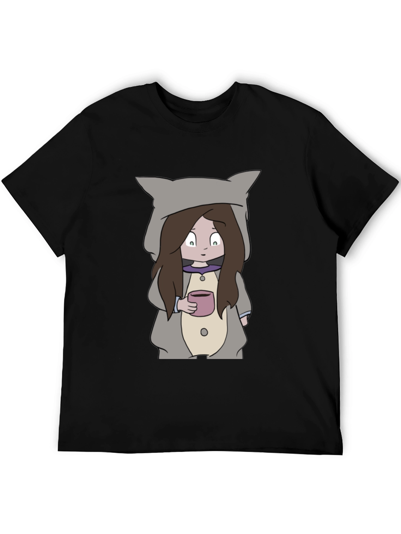 Camiseta Negra con Diseño Animado de Niña con Taza
