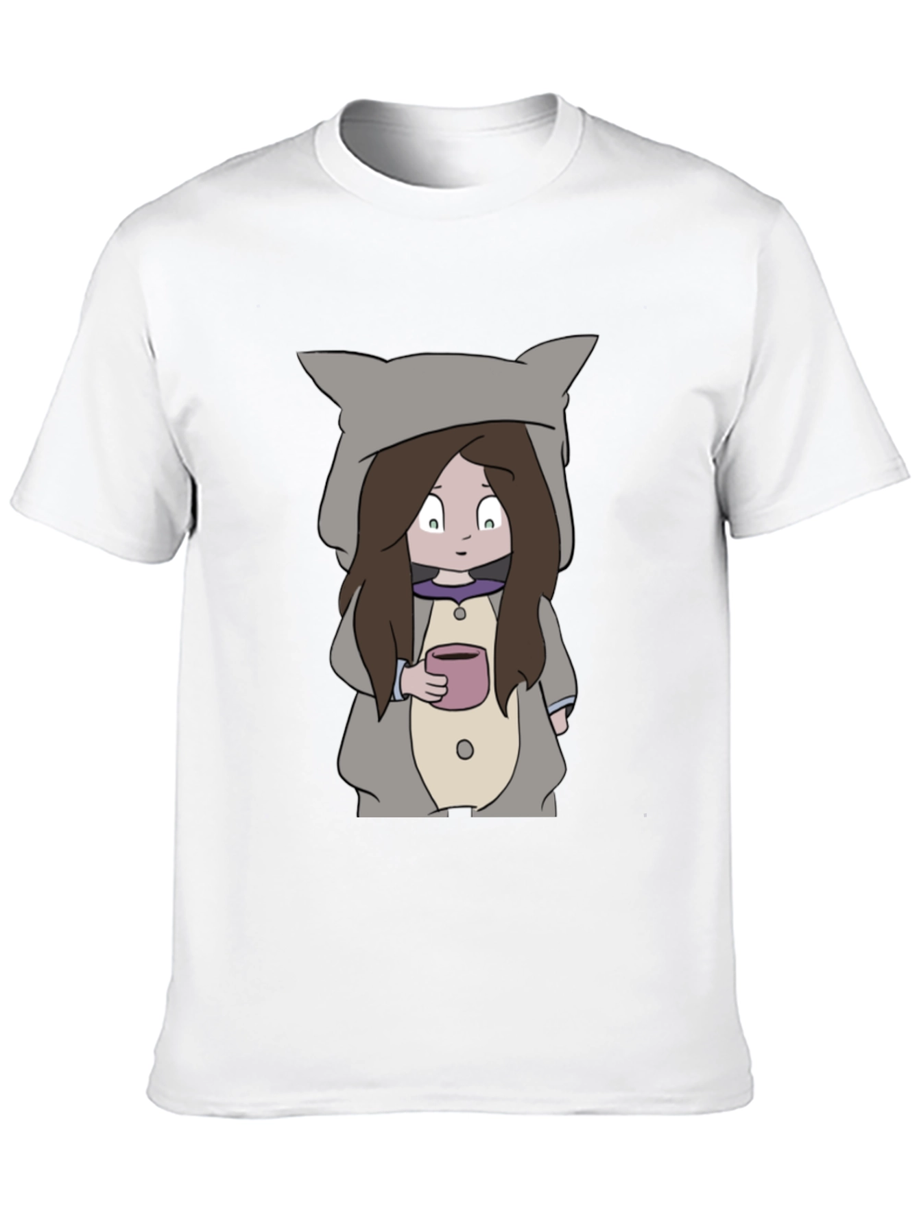Camiseta Negra con Diseño Animado de Niña con Taza