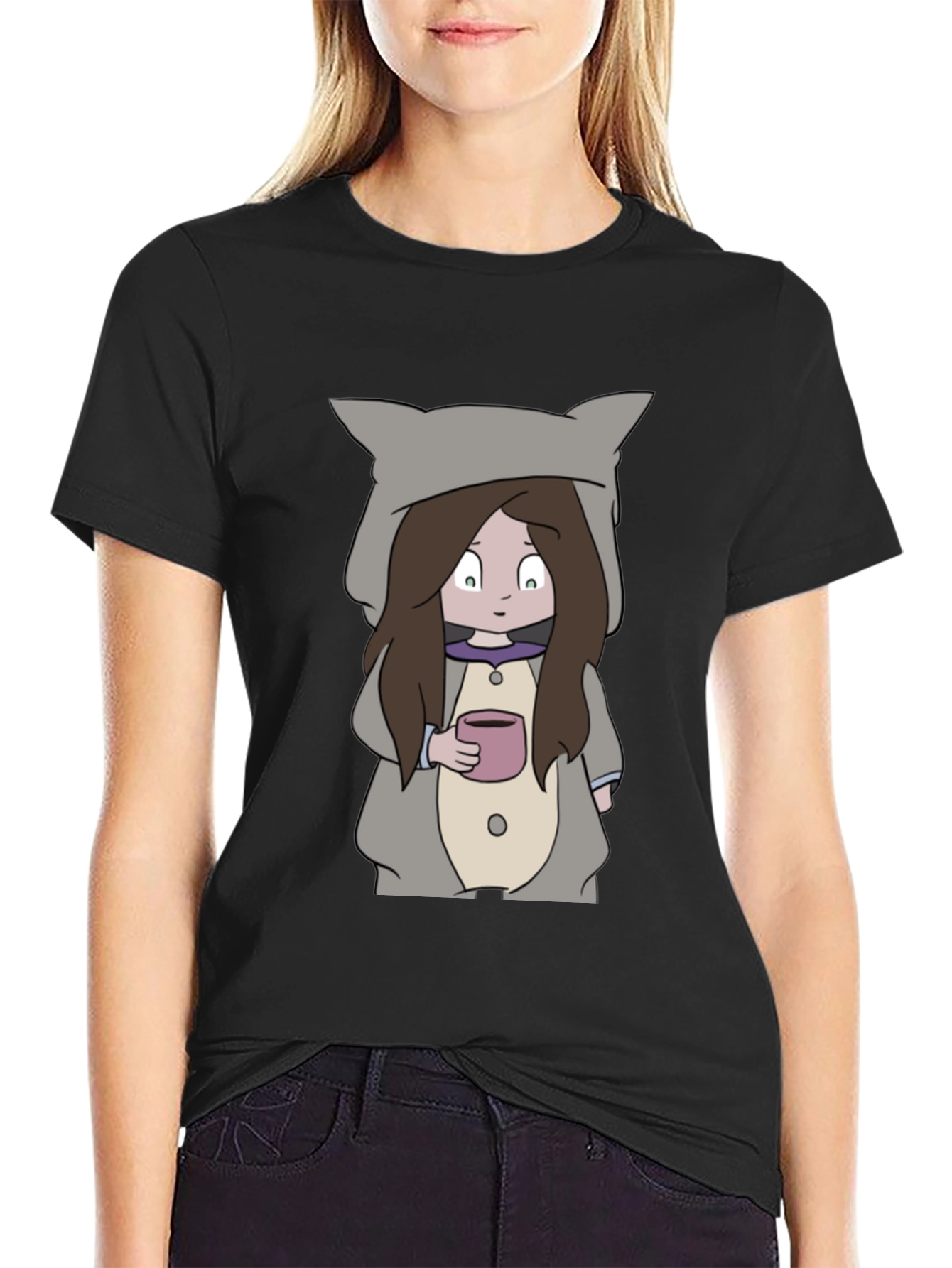 Camiseta Negra con Diseño Animado de Niña con Taza