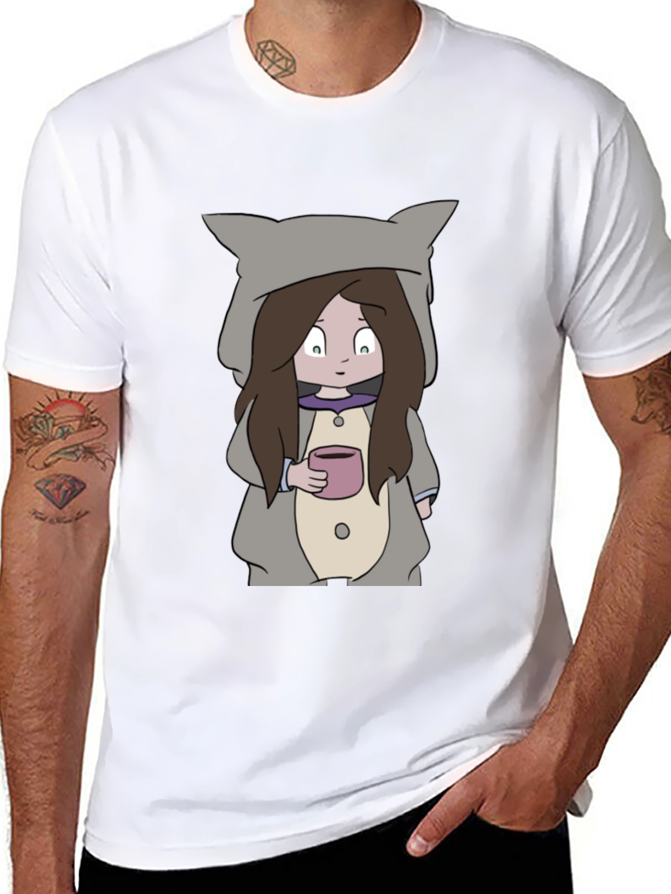 Camiseta Negra con Diseño Animado de Niña con Taza