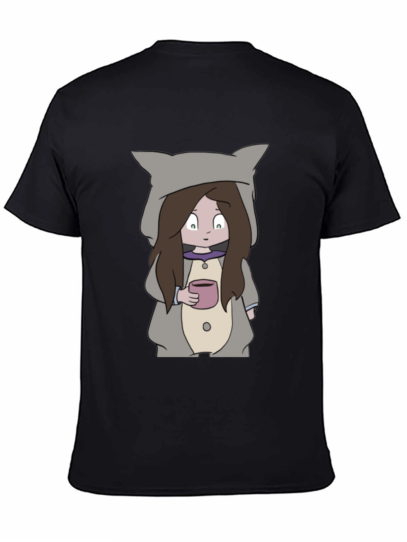 Camiseta Negra con Diseño Animado de Niña con Taza