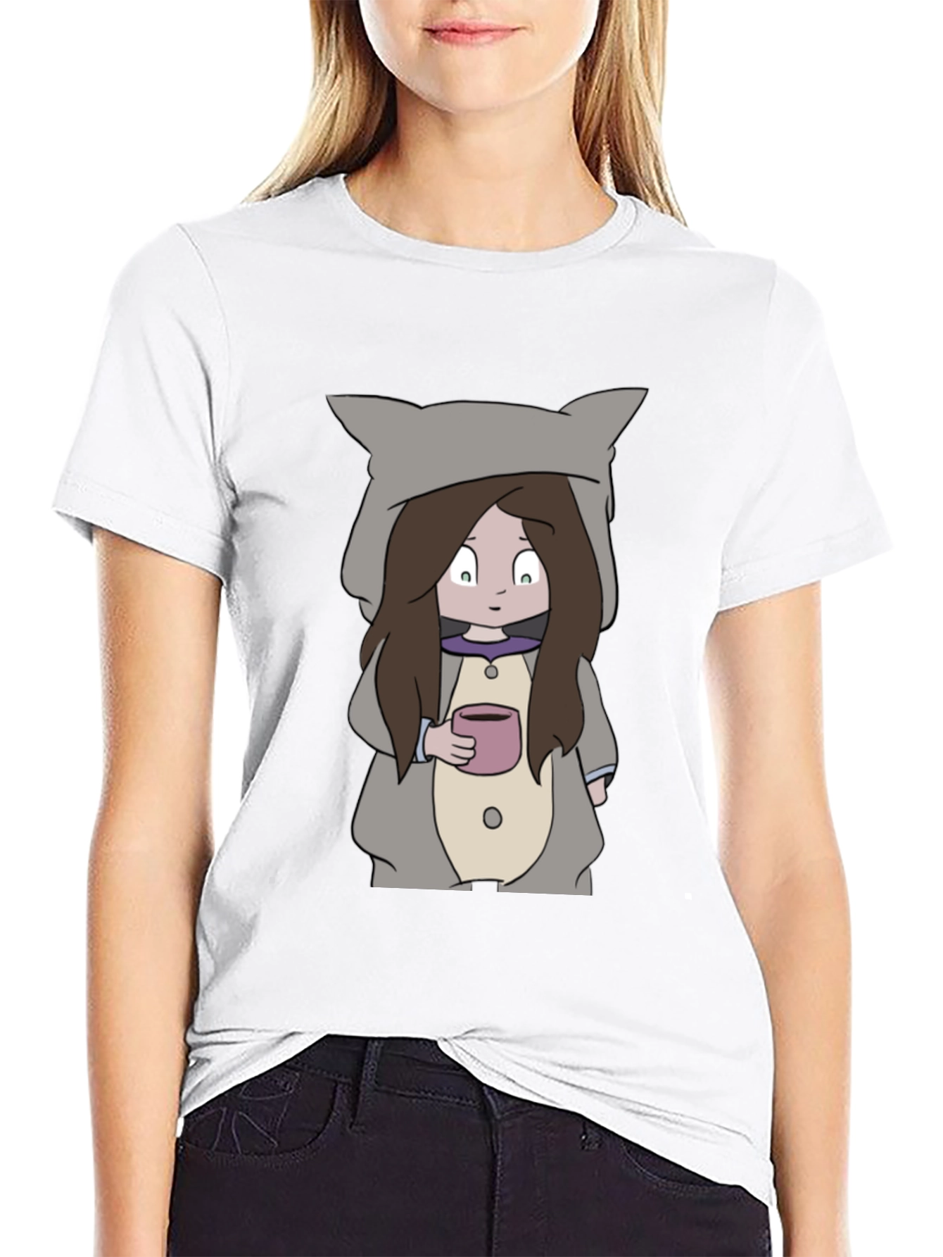 Camiseta Negra con Diseño Animado de Niña con Taza