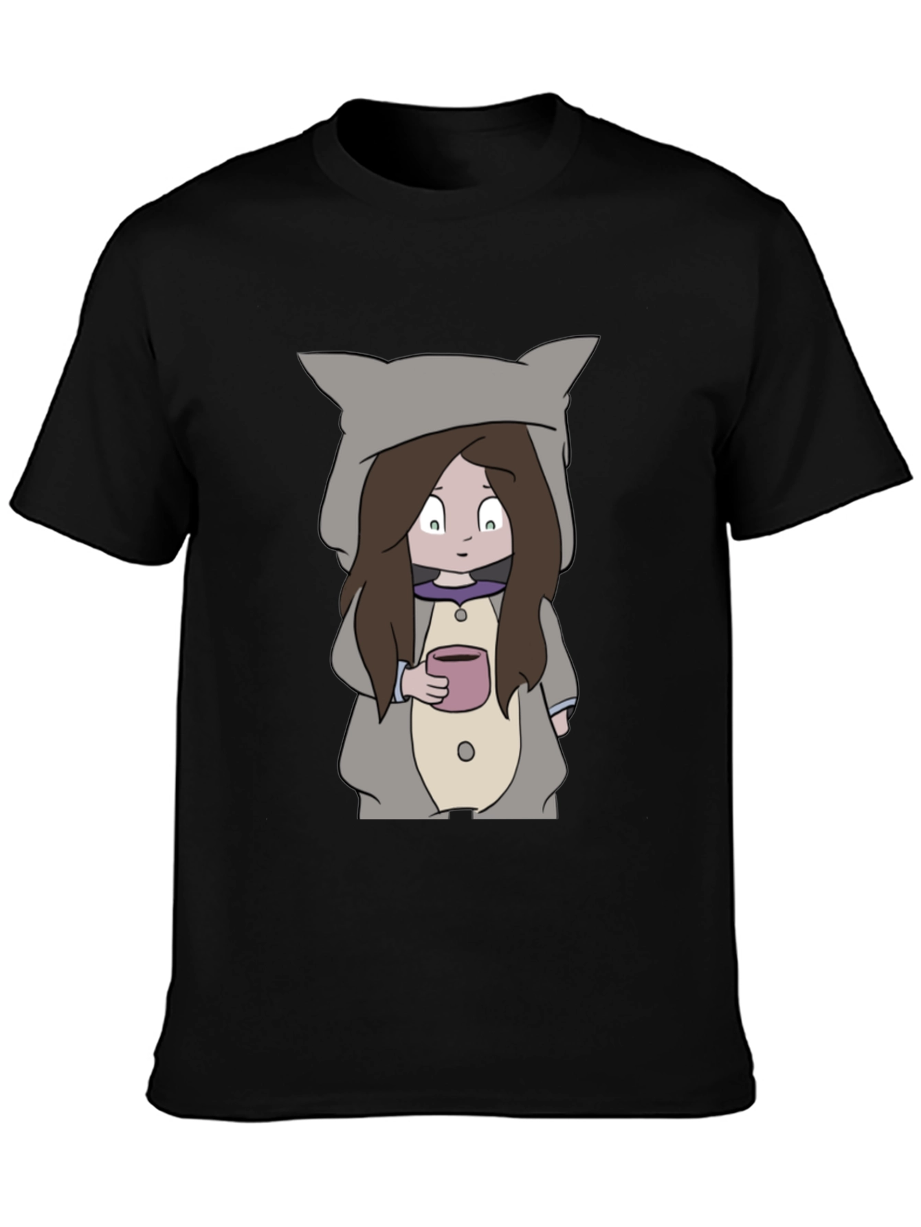 Camiseta Negra con Diseño Animado de Niña con Taza