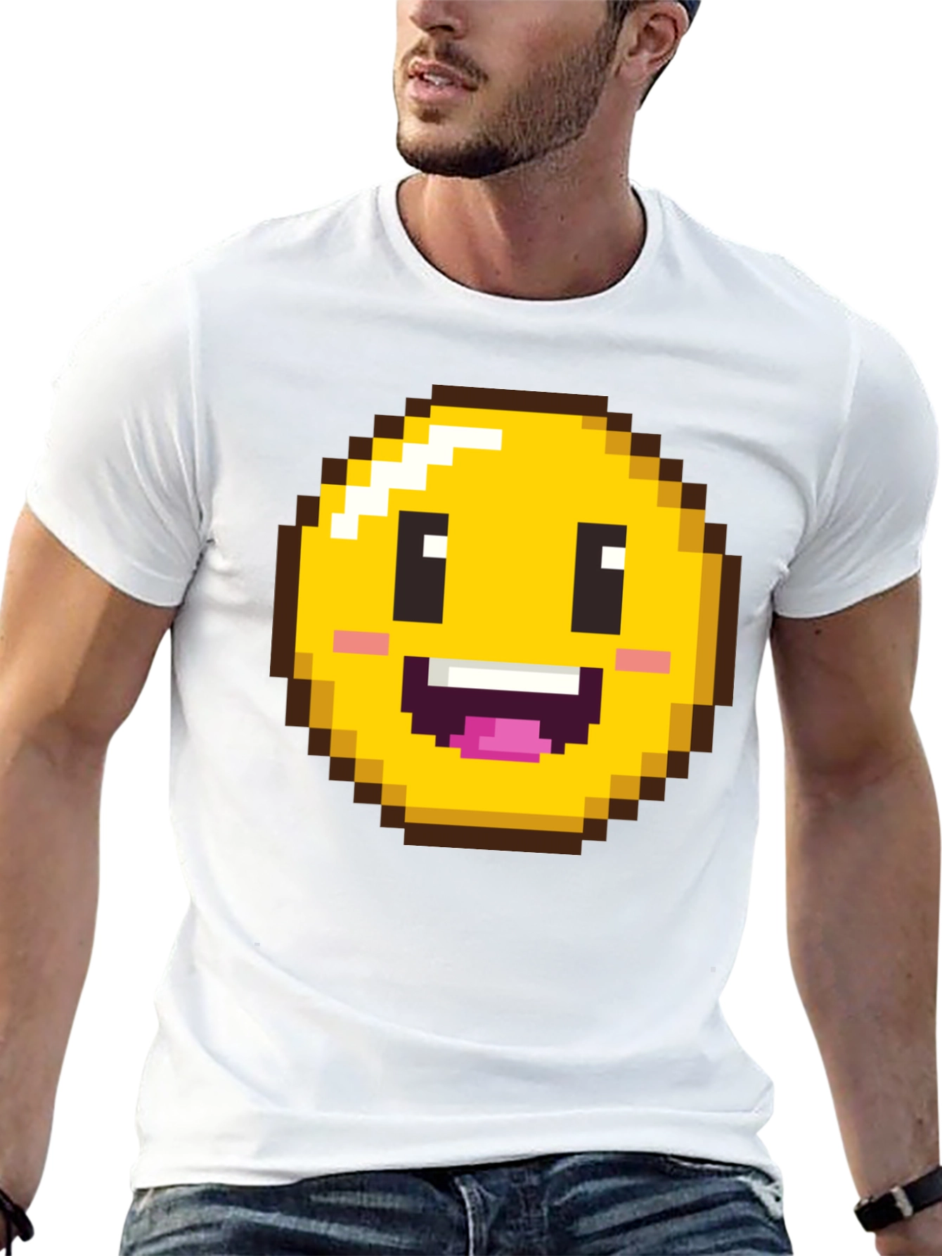 Camiseta Hombre Negra con Emoji Pixelado Sonriente