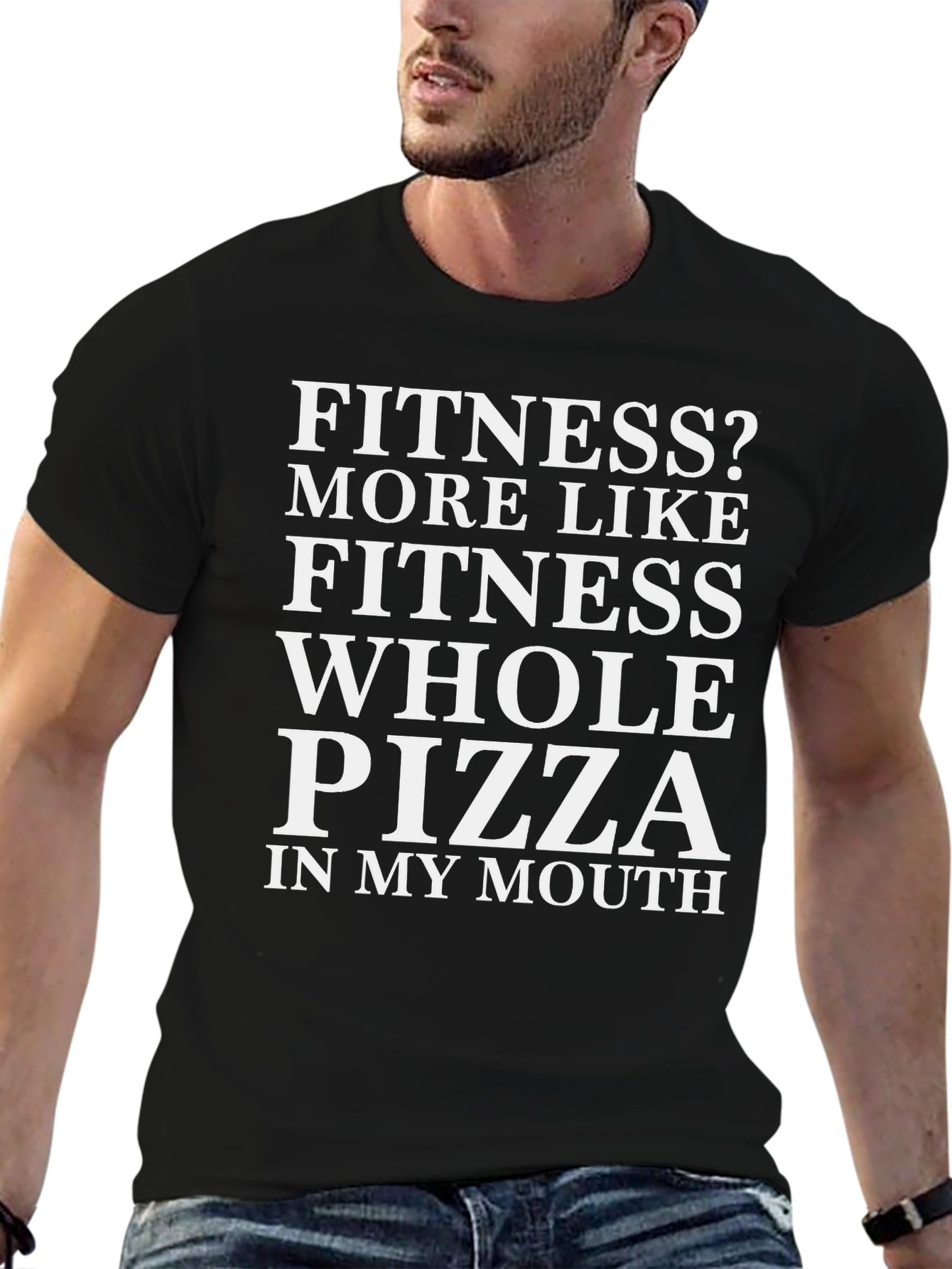 Camiseta Humorística Negra Fitness? Pizza!