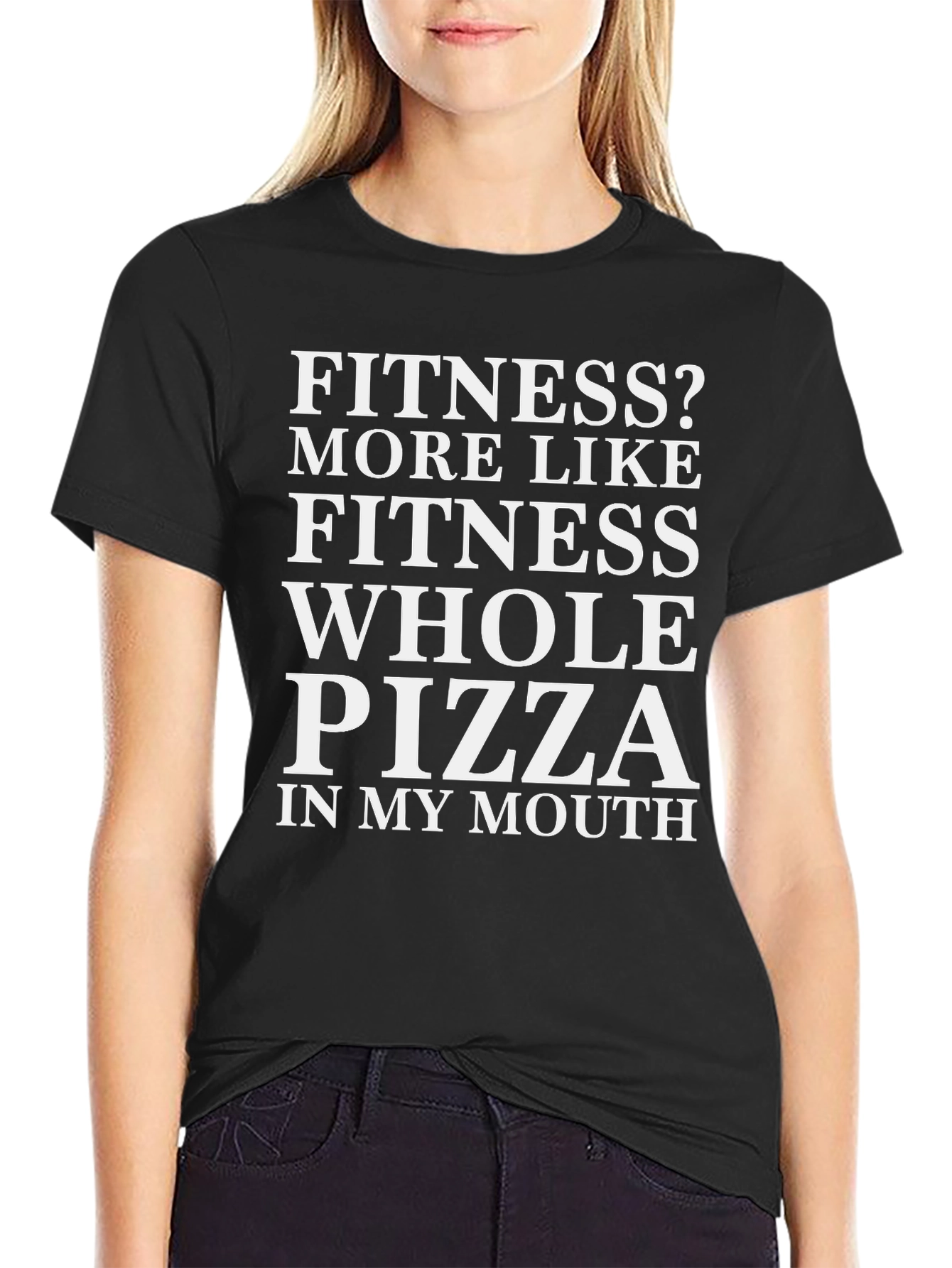 Camiseta Humorística Negra Fitness? Pizza!