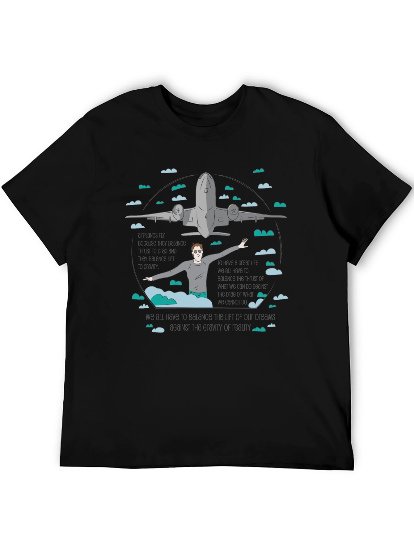 Camiseta Negra Estampada con Avión y Figura Humana