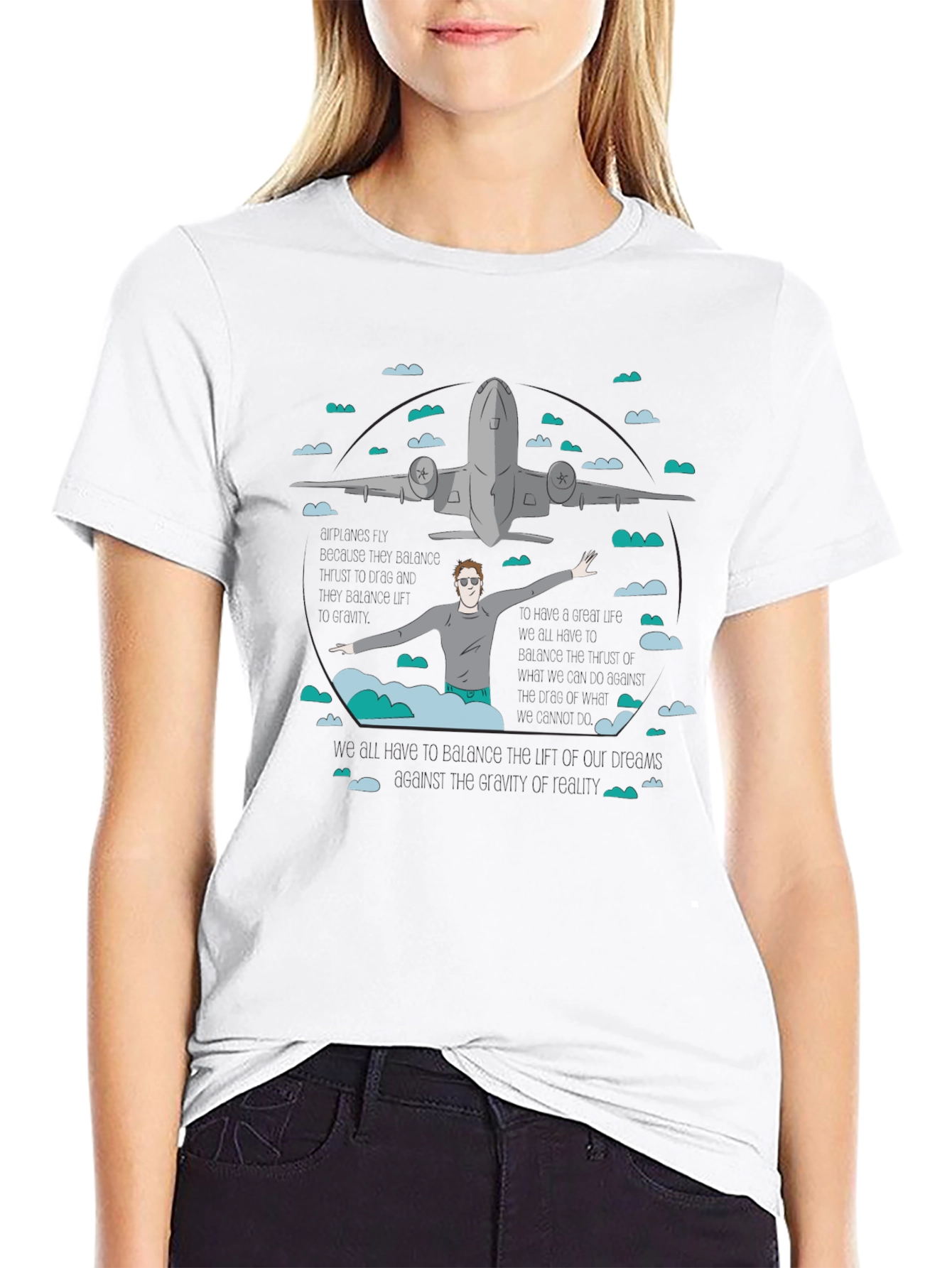 Camiseta Negra Estampada con Avión y Figura Humana