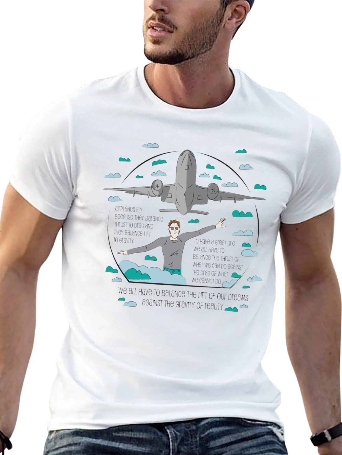 Camiseta Negra Estampada con Avión y Figura Humana