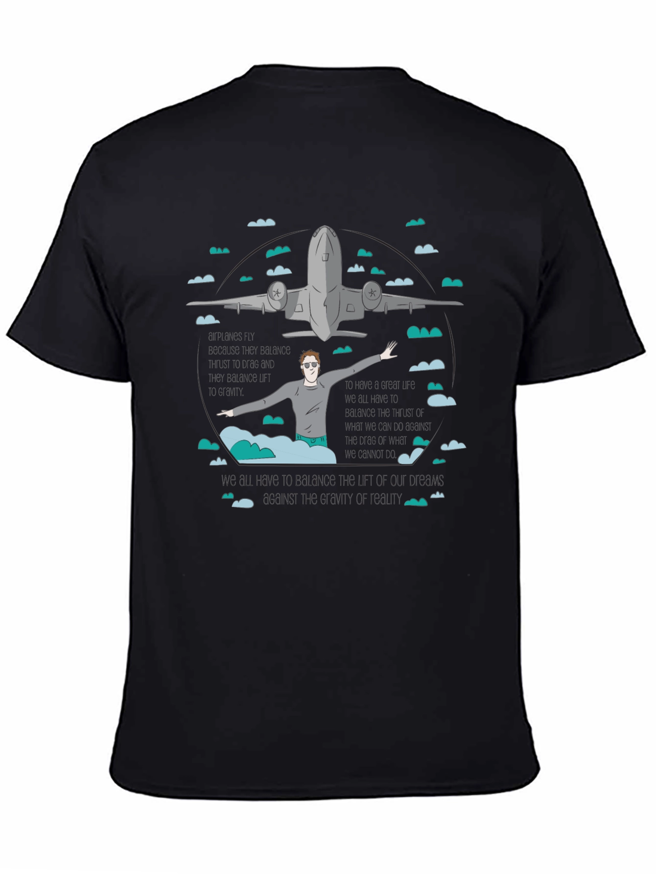 Camiseta Negra Estampada con Avión y Figura Humana