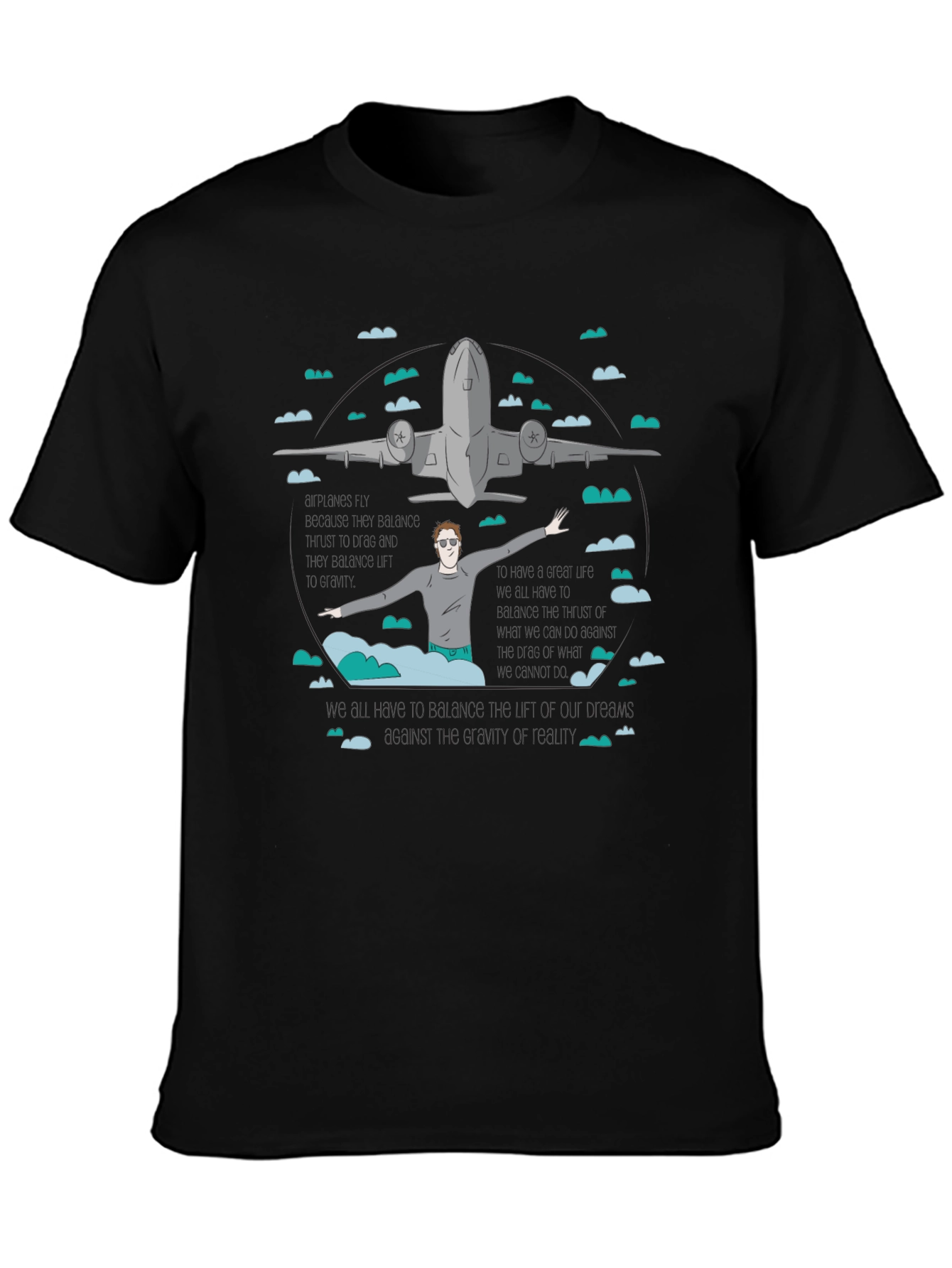 Camiseta Negra Estampada con Avión y Figura Humana