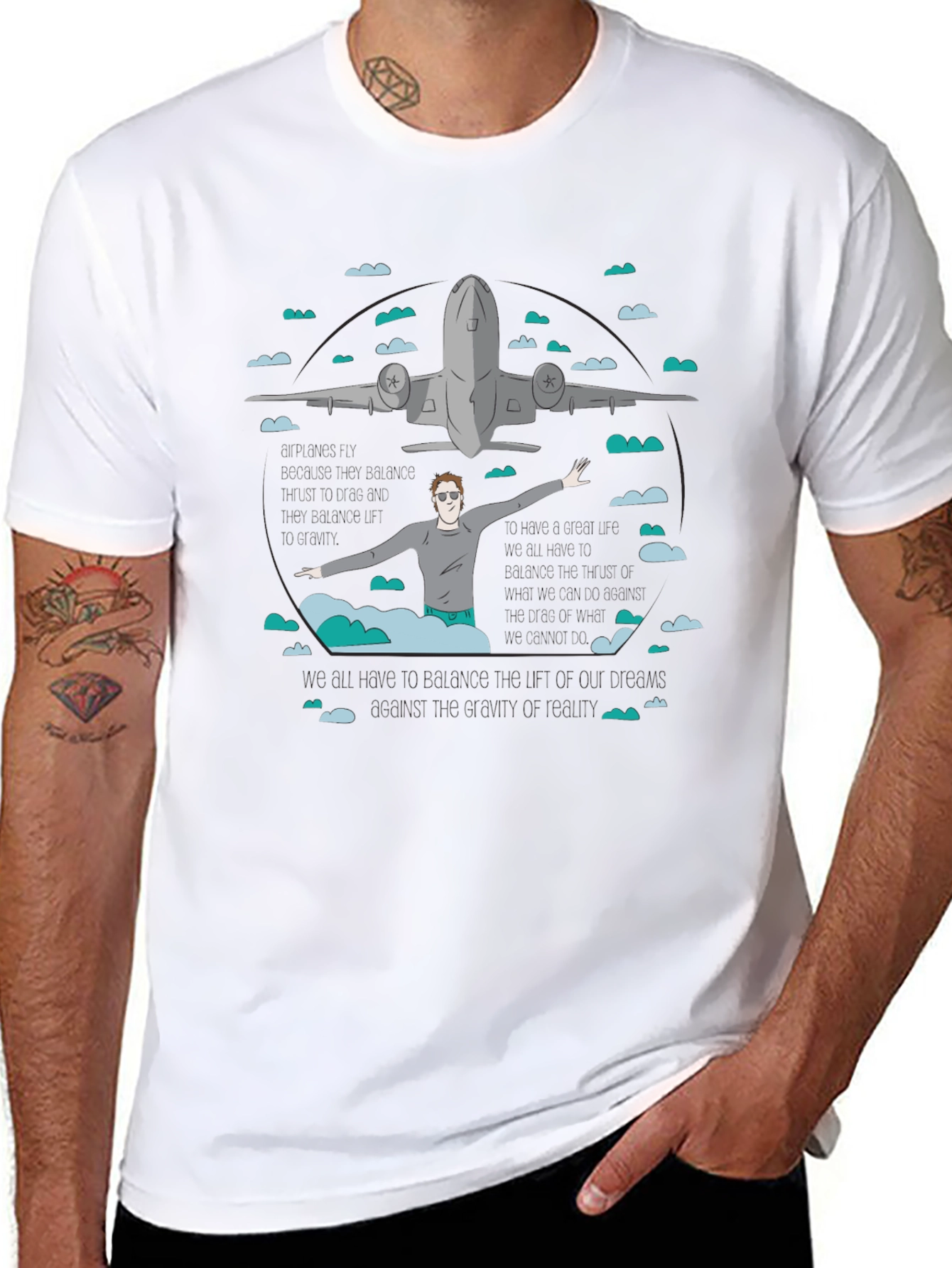 Camiseta Negra Estampada con Avión y Figura Humana