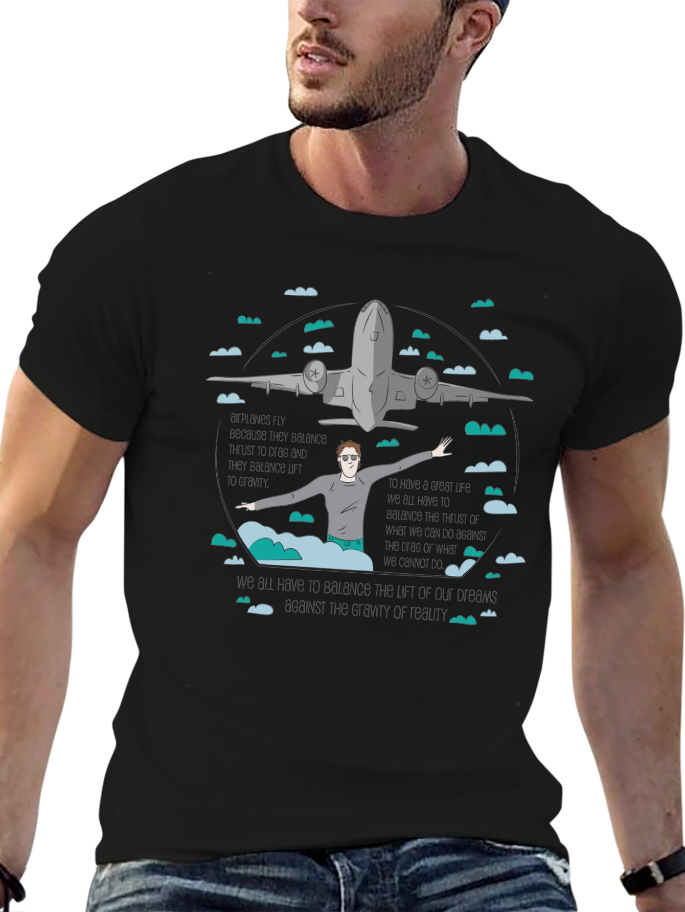 Camiseta Negra Estampada con Avión y Figura Humana