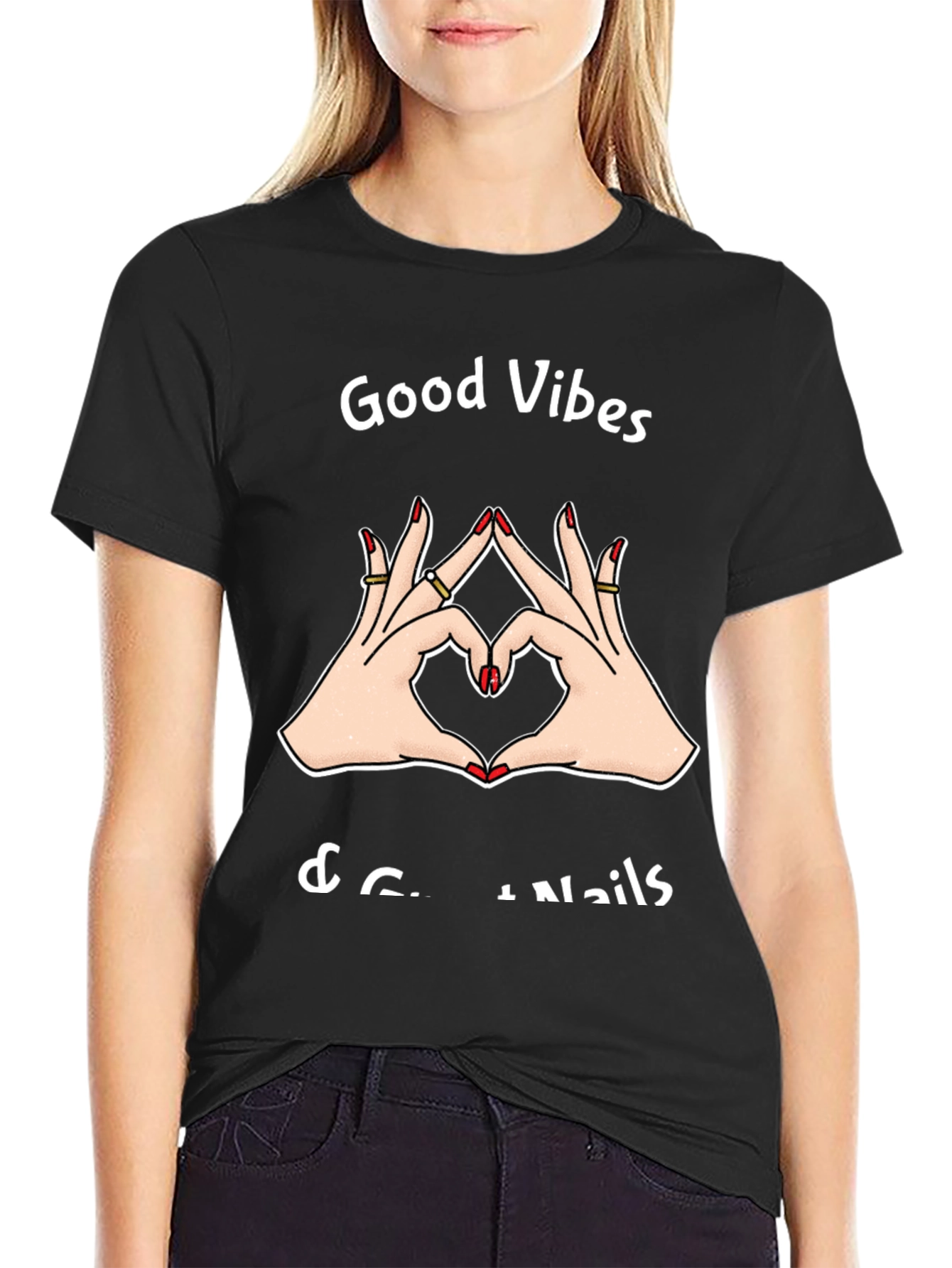 Camiseta Negra: Good Vibes & Great Nails
