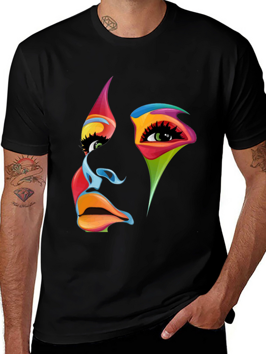 Camiseta Negra con Diseño Abstracto de Rostro Colorido
