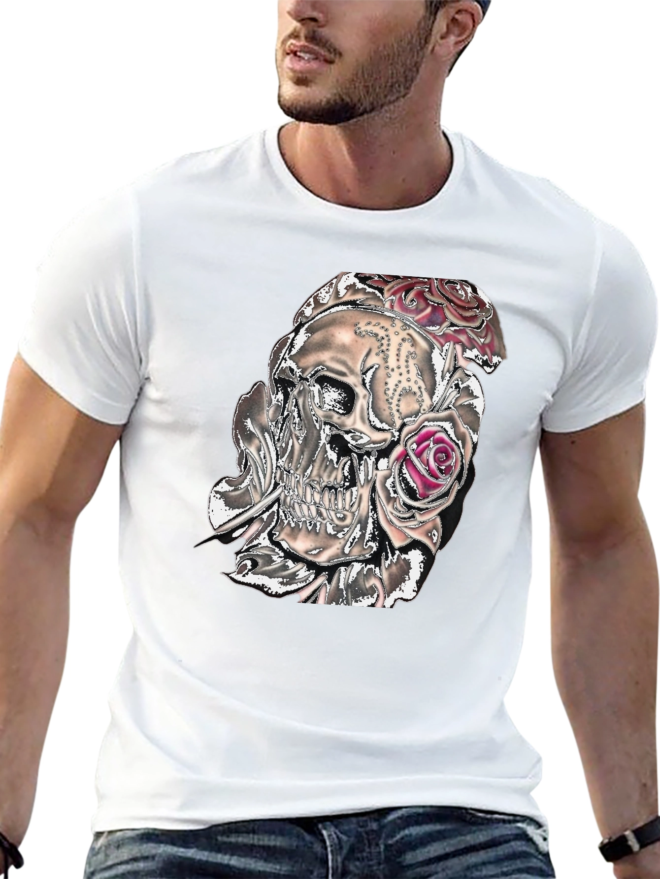 Camiseta Negra con Calavera y Rosas Gráficas