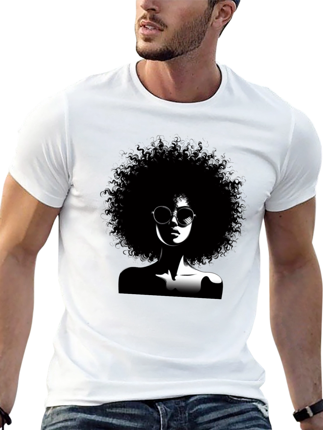 Camiseta Negra con Diseño Afro y Gafas