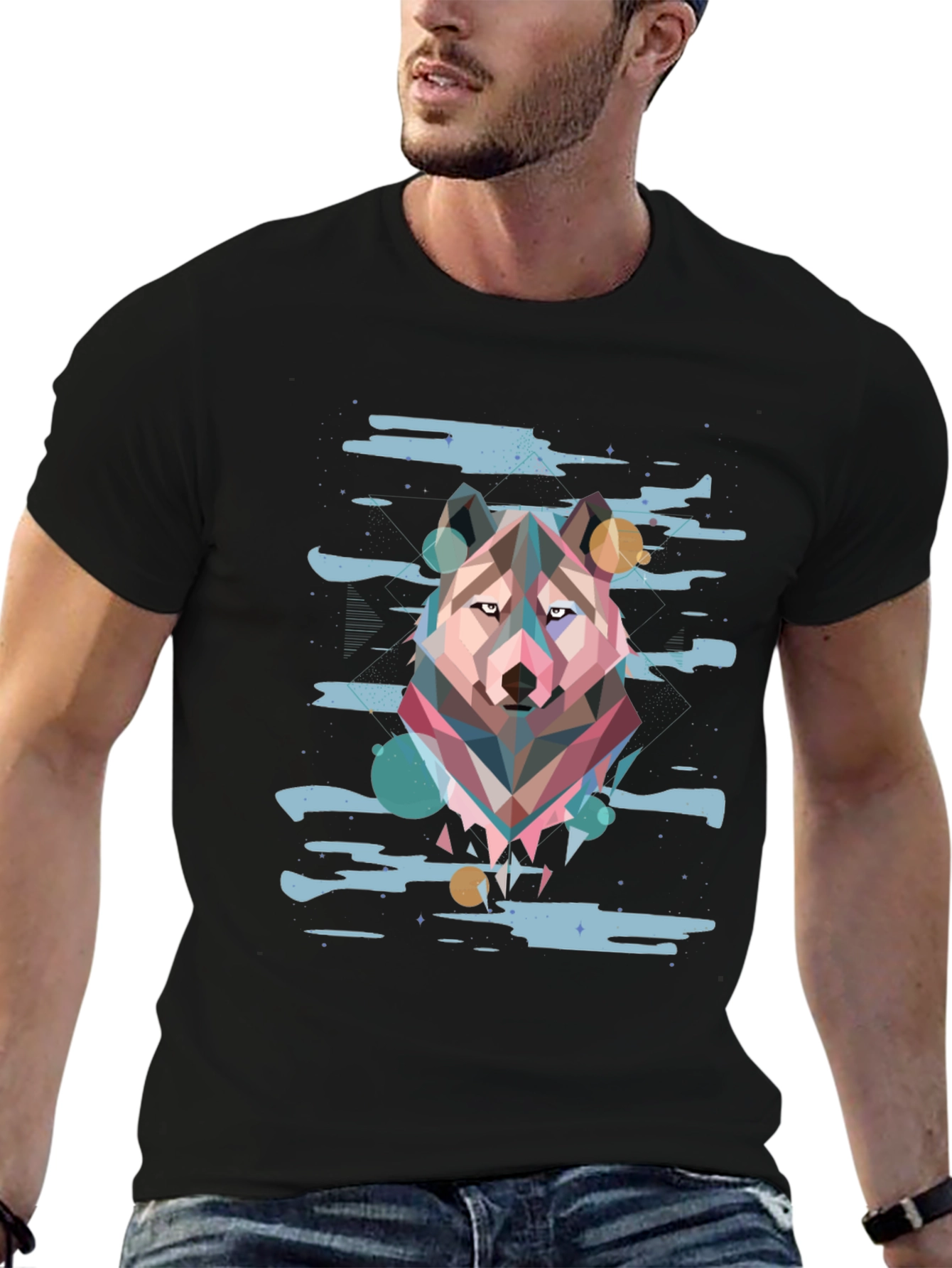 Camiseta Hombre Diseño Lobo Geométrico Abstracto