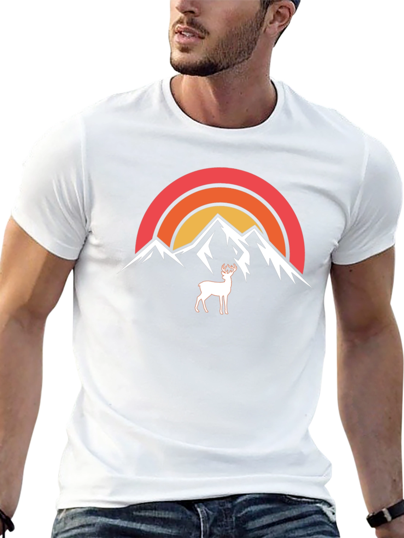 Camiseta Negra Montañas y Ciervo Retro