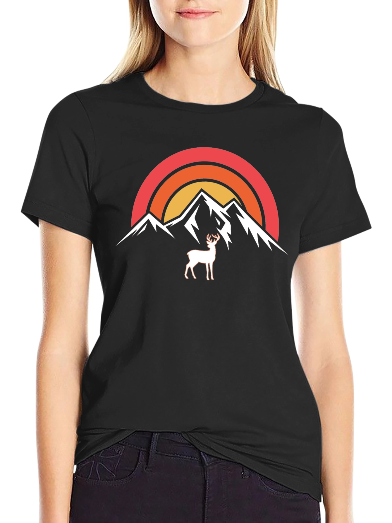 Camiseta Negra Montañas y Ciervo Retro