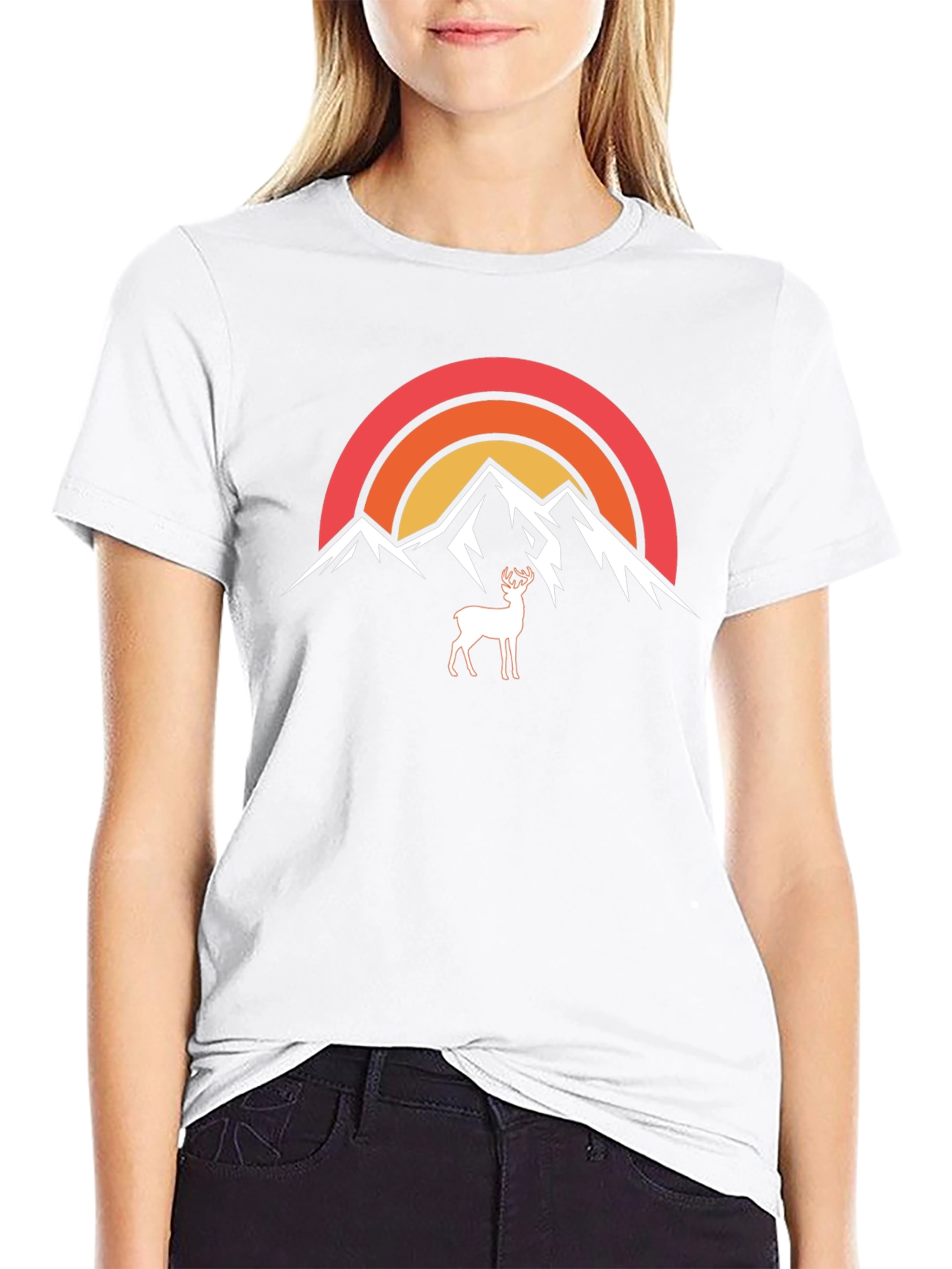 Camiseta Negra Montañas y Ciervo Retro
