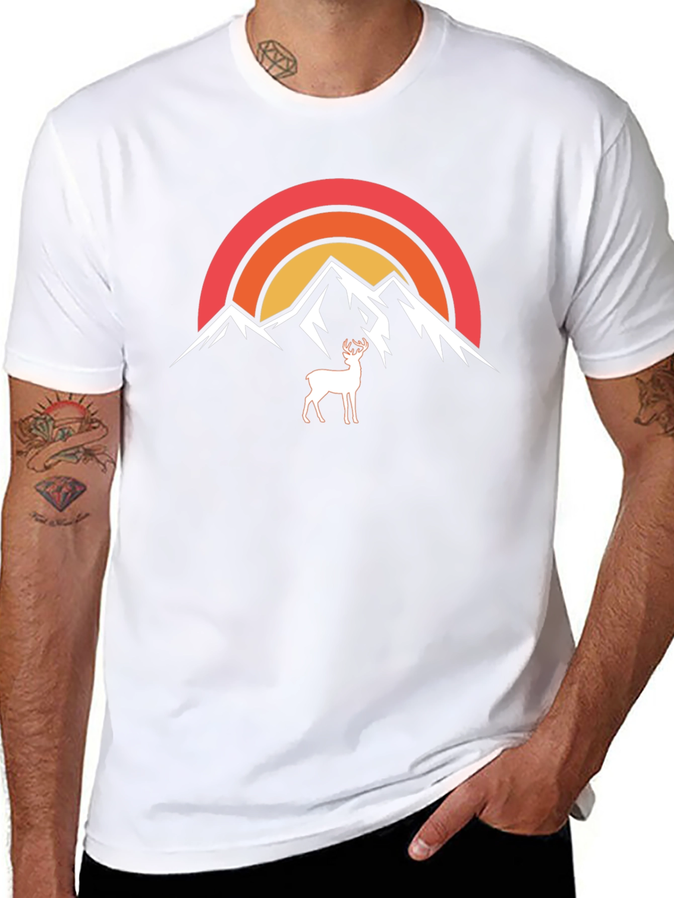 Camiseta Negra Montañas y Ciervo Retro