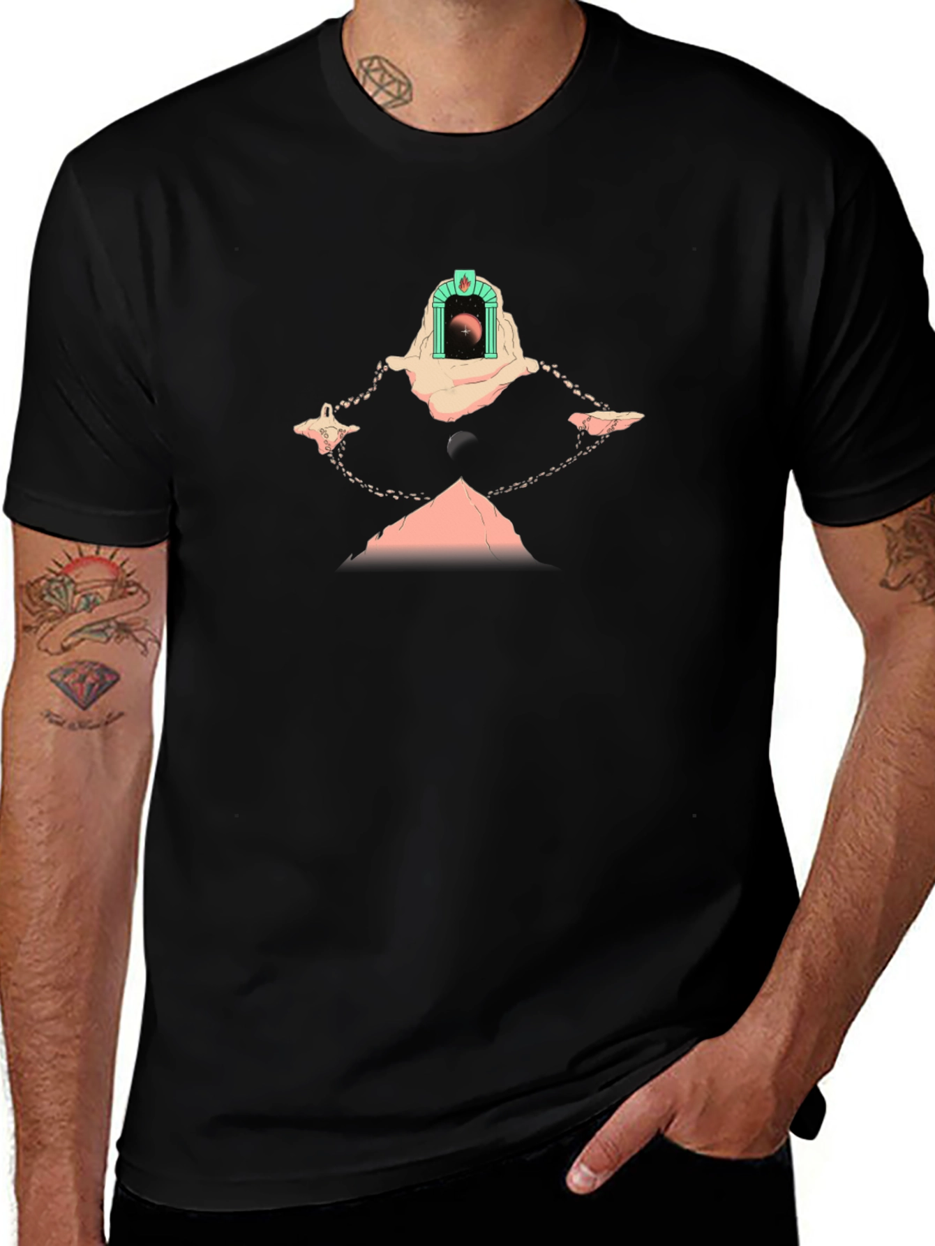 Camiseta Negra con Diseño Abstracto Místico