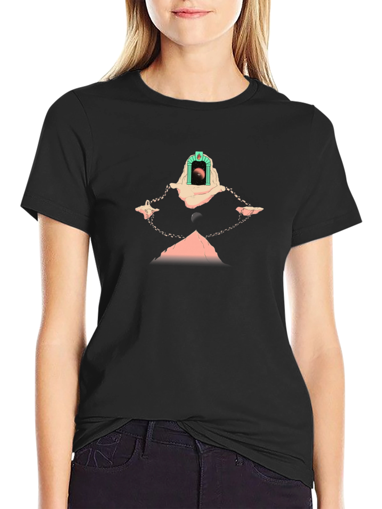 Camiseta Negra con Diseño Abstracto Místico