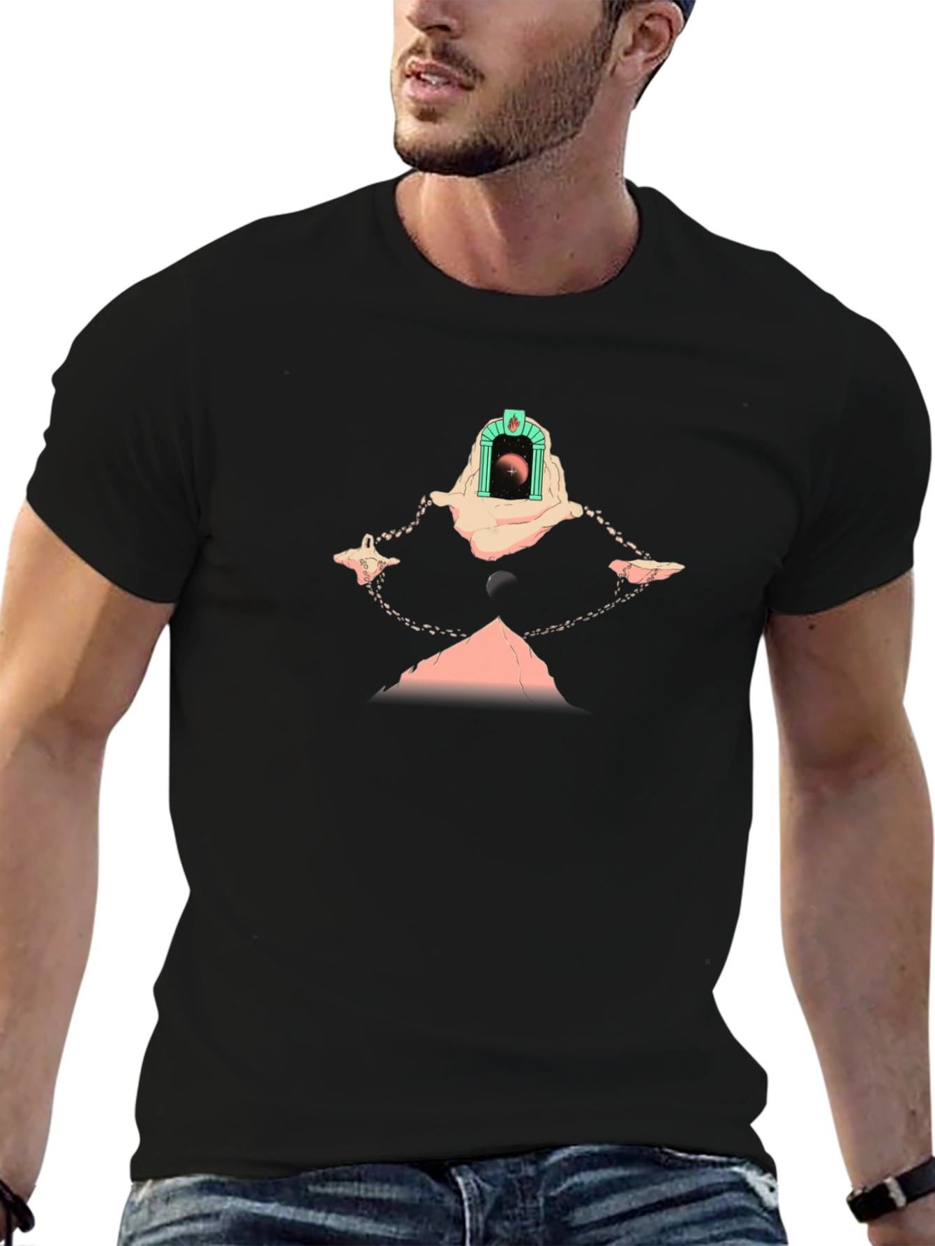 Camiseta Negra con Diseño Abstracto Místico