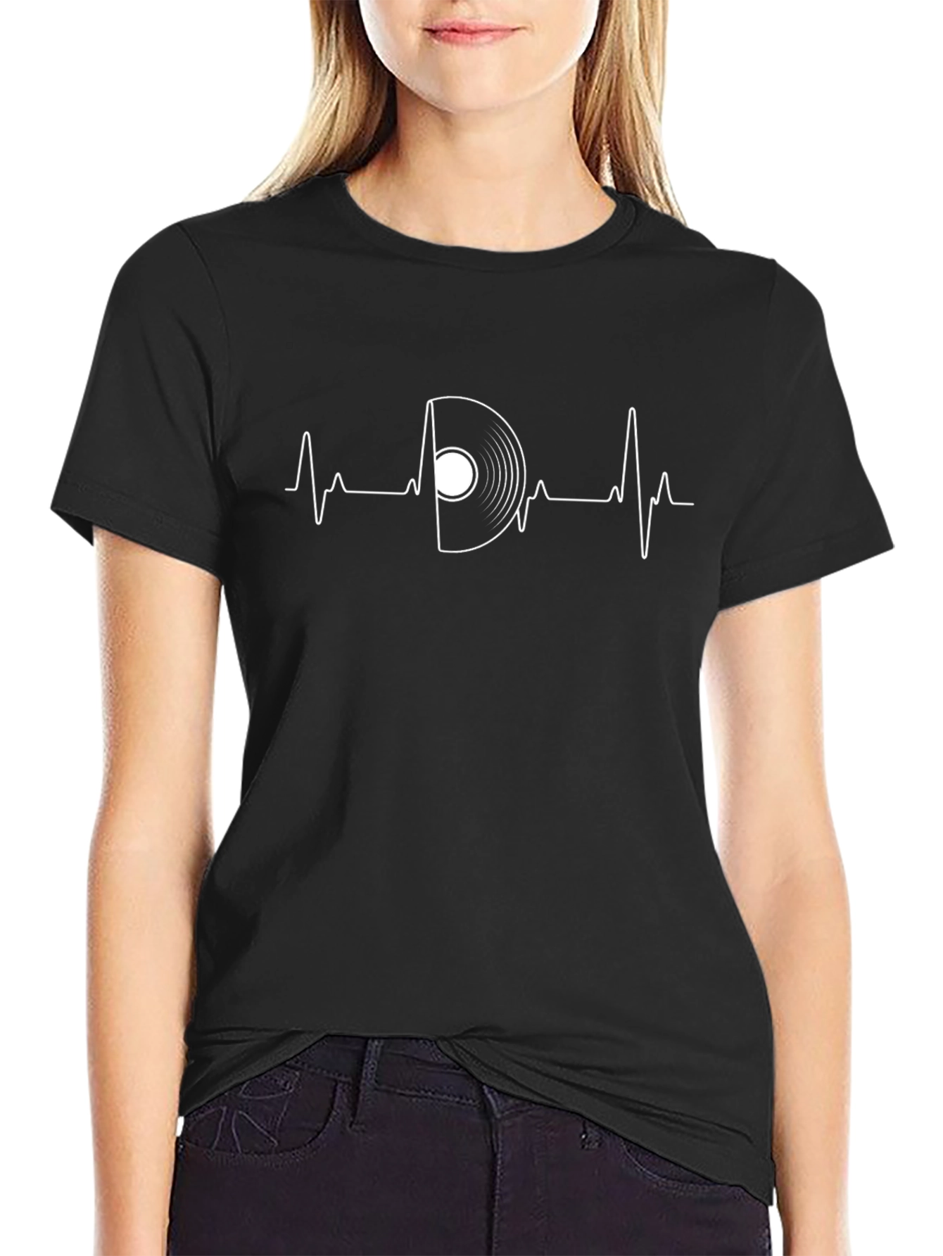 Camiseta Negra Ritmo Vinilo para Amantes de la Música