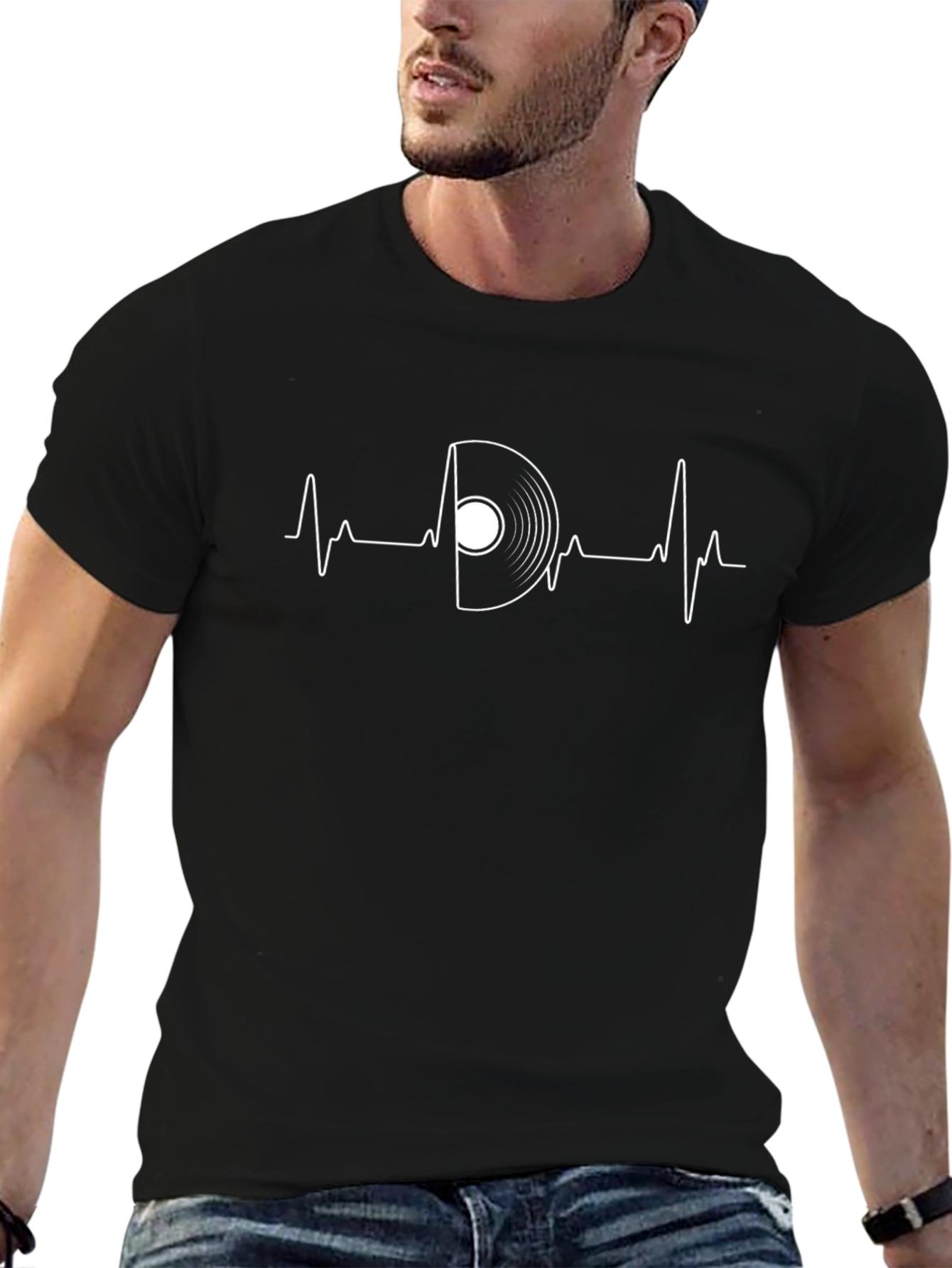 Camiseta Negra Ritmo Vinilo para Amantes de la Música