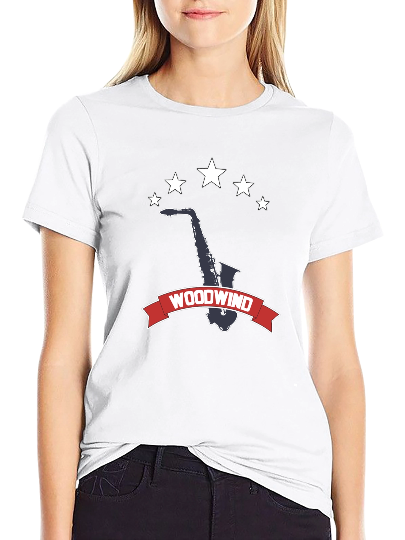 Camiseta Negra Woodwind Saxofón Estrellas
