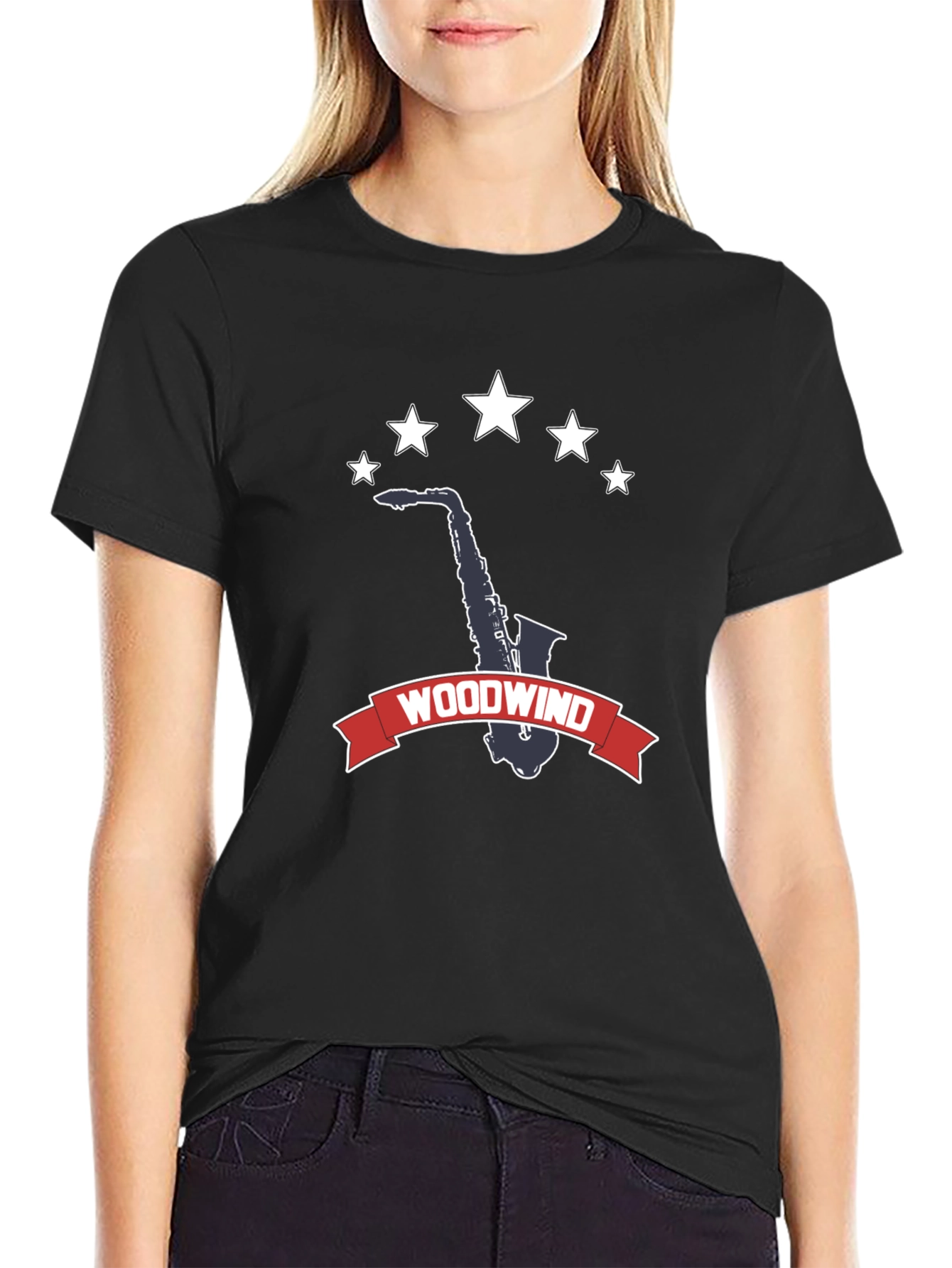 Camiseta Negra Woodwind Saxofón Estrellas