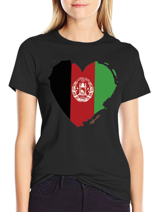 Camiseta Negra con Bandera de Afganistán en Forma de Corazón
