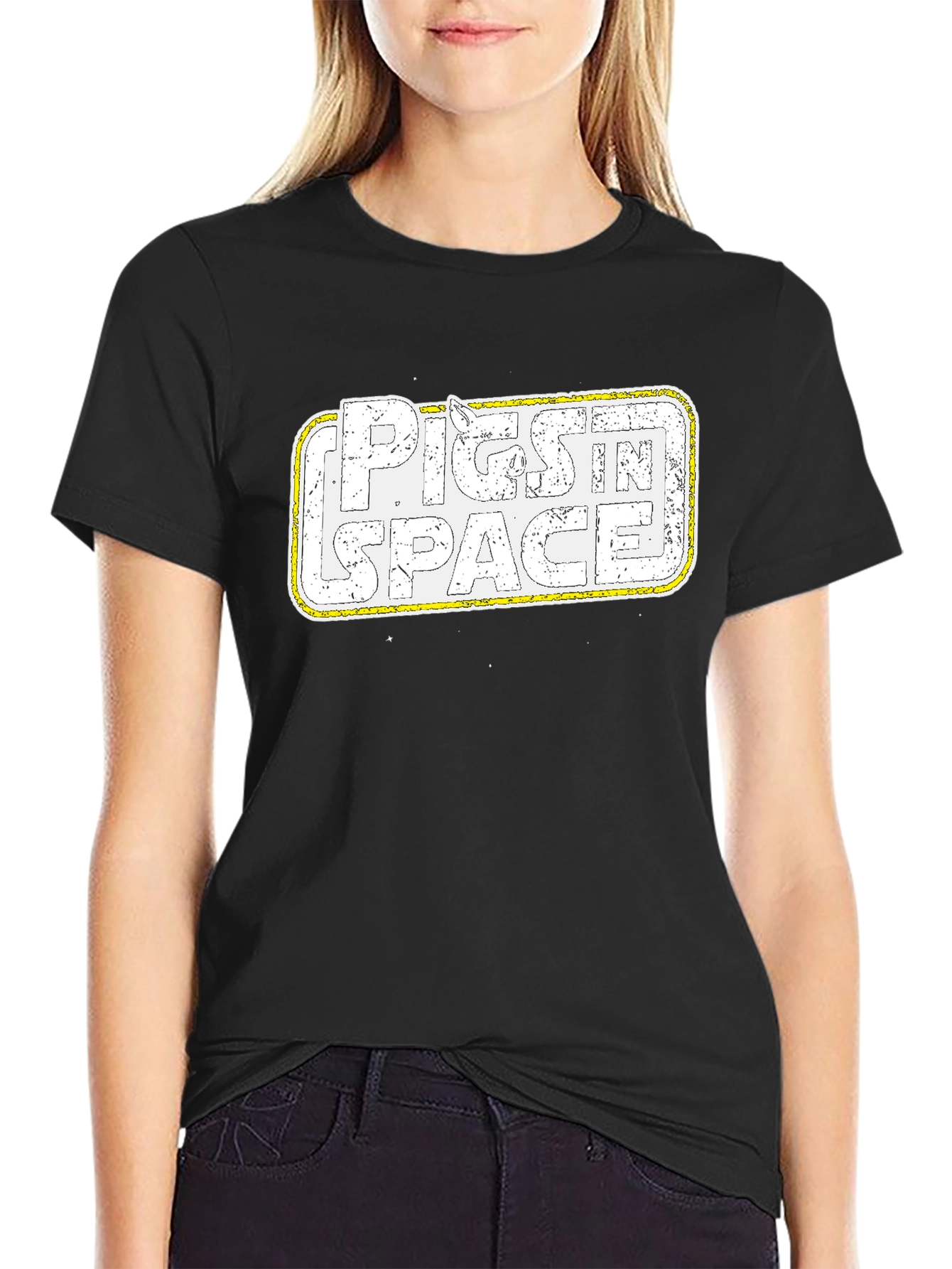 Camiseta Negra Cerdos en el Espacio Retro