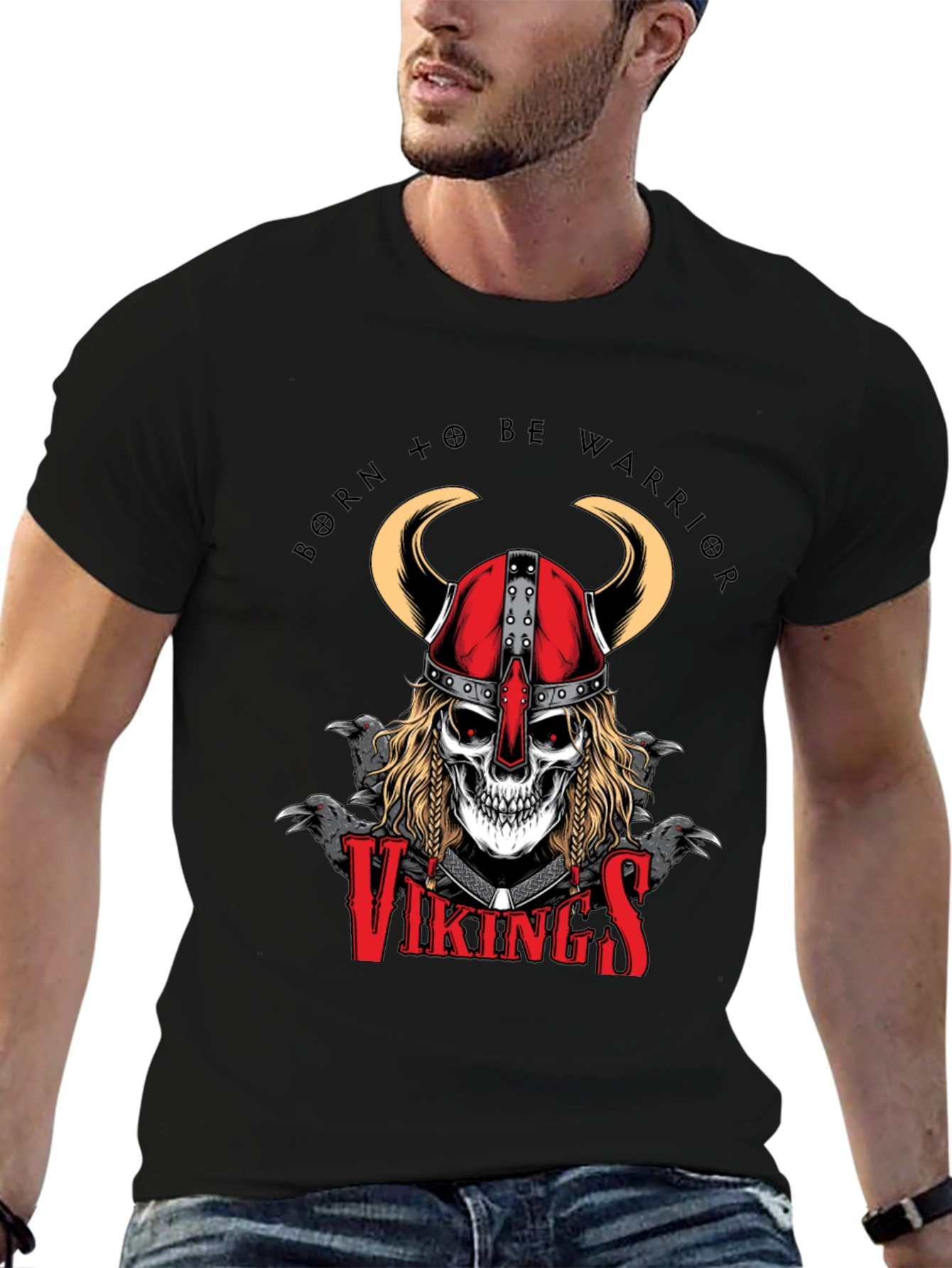 Camiseta Negra Vikingos Cráneo Guerrero