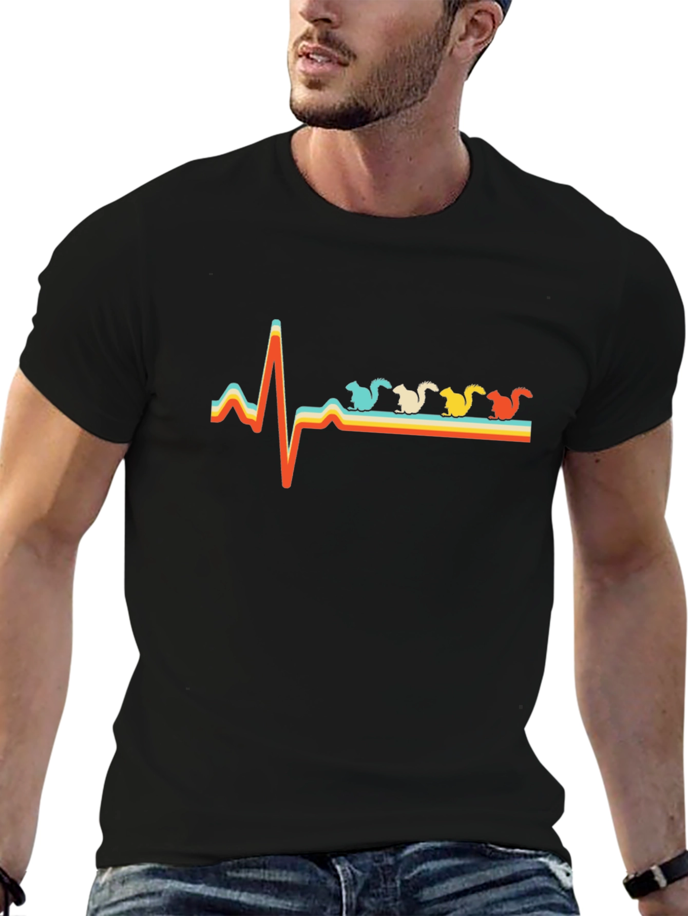 Camiseta Negra Retro con Diseño de Latido de Ardillas