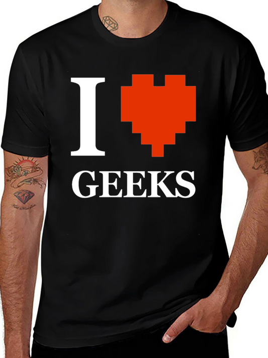 Camiseta Negra Amo a los Geeks Estilo Pixel Art
