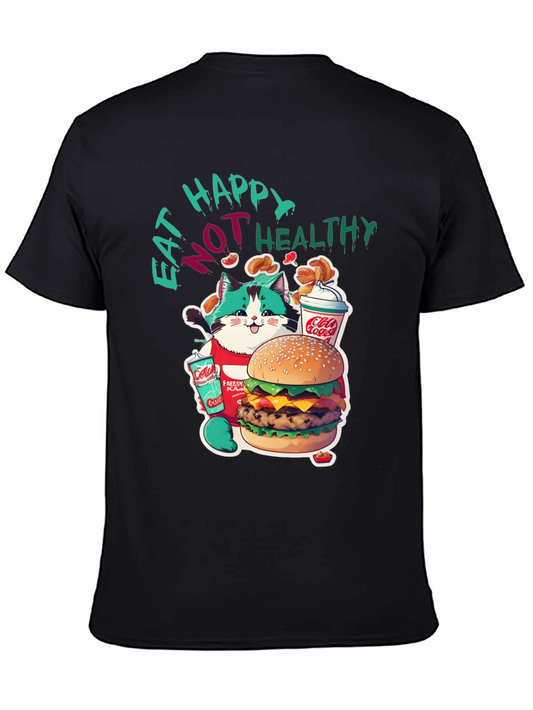 Camiseta Negra: Gato Glotón Come No Saludable