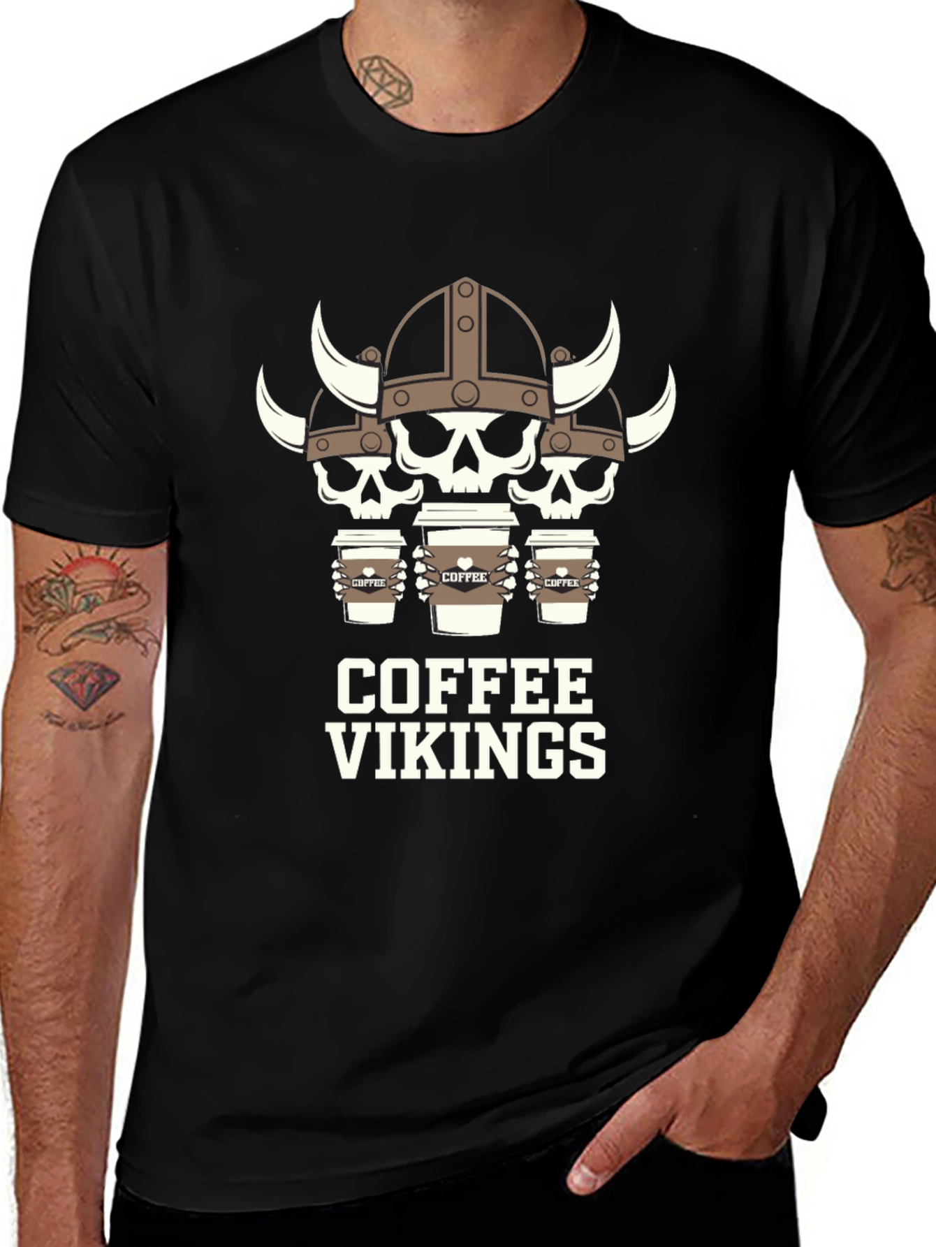 Camiseta Negra: Cráneos Vikingos Amantes del Café