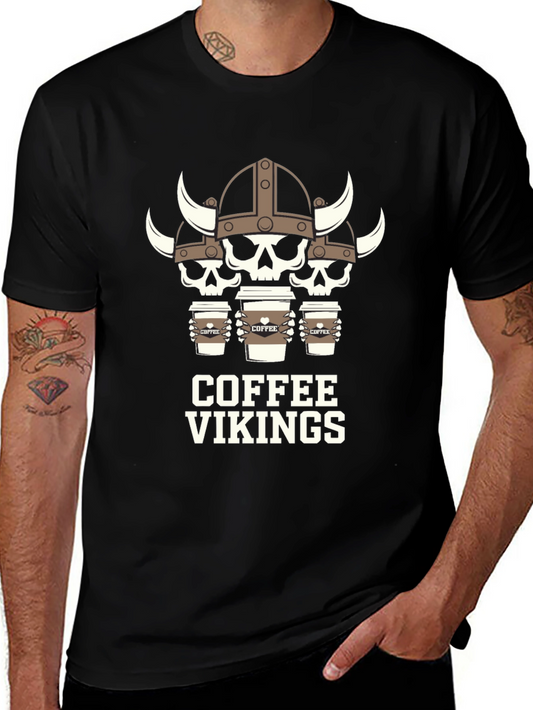 Camiseta Negra: Cráneos Vikingos Amantes del Café